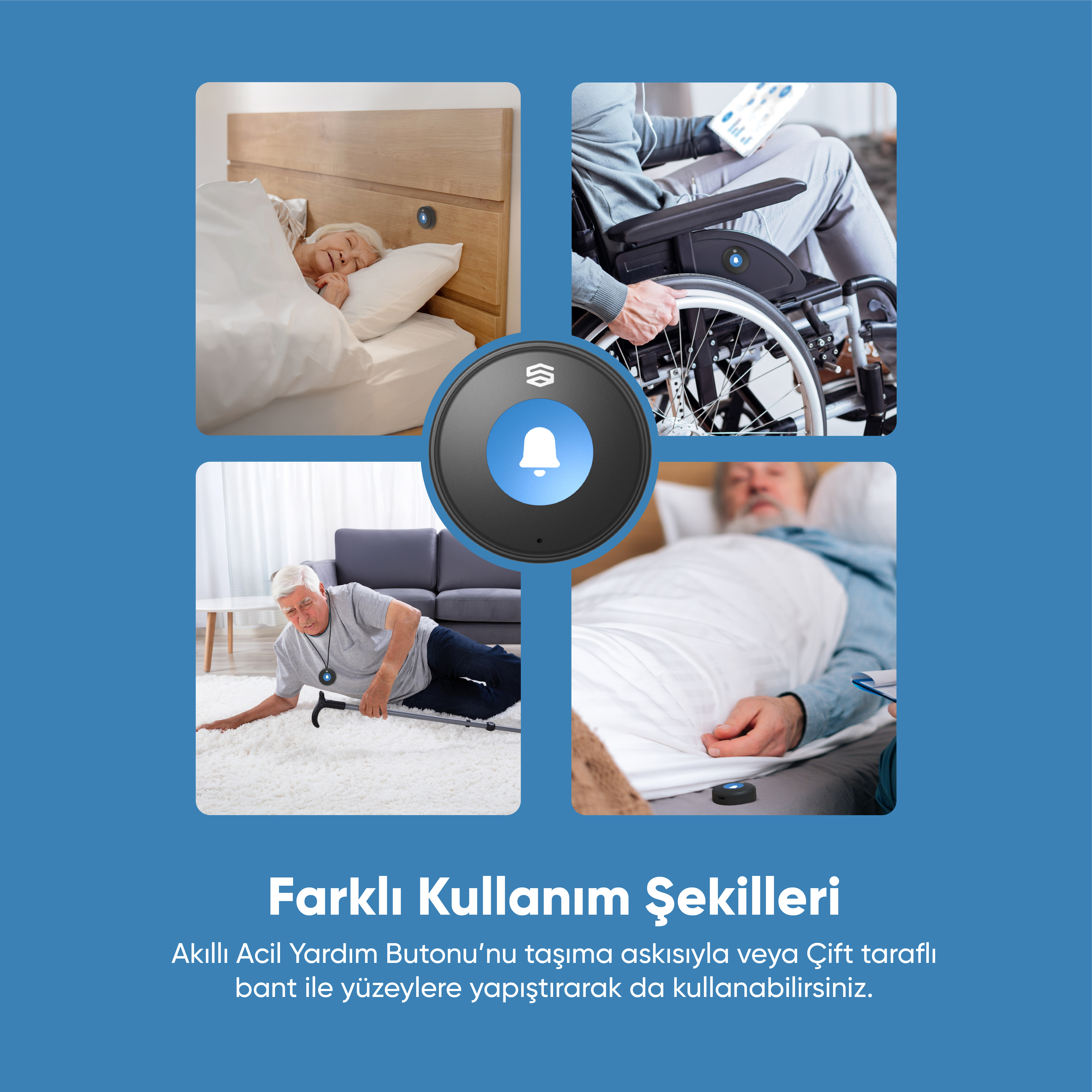 Görsel, acil durum butonu olan yaşlıları farklı durumlarda gösterir. Kullanım senaryolarını gösterir.