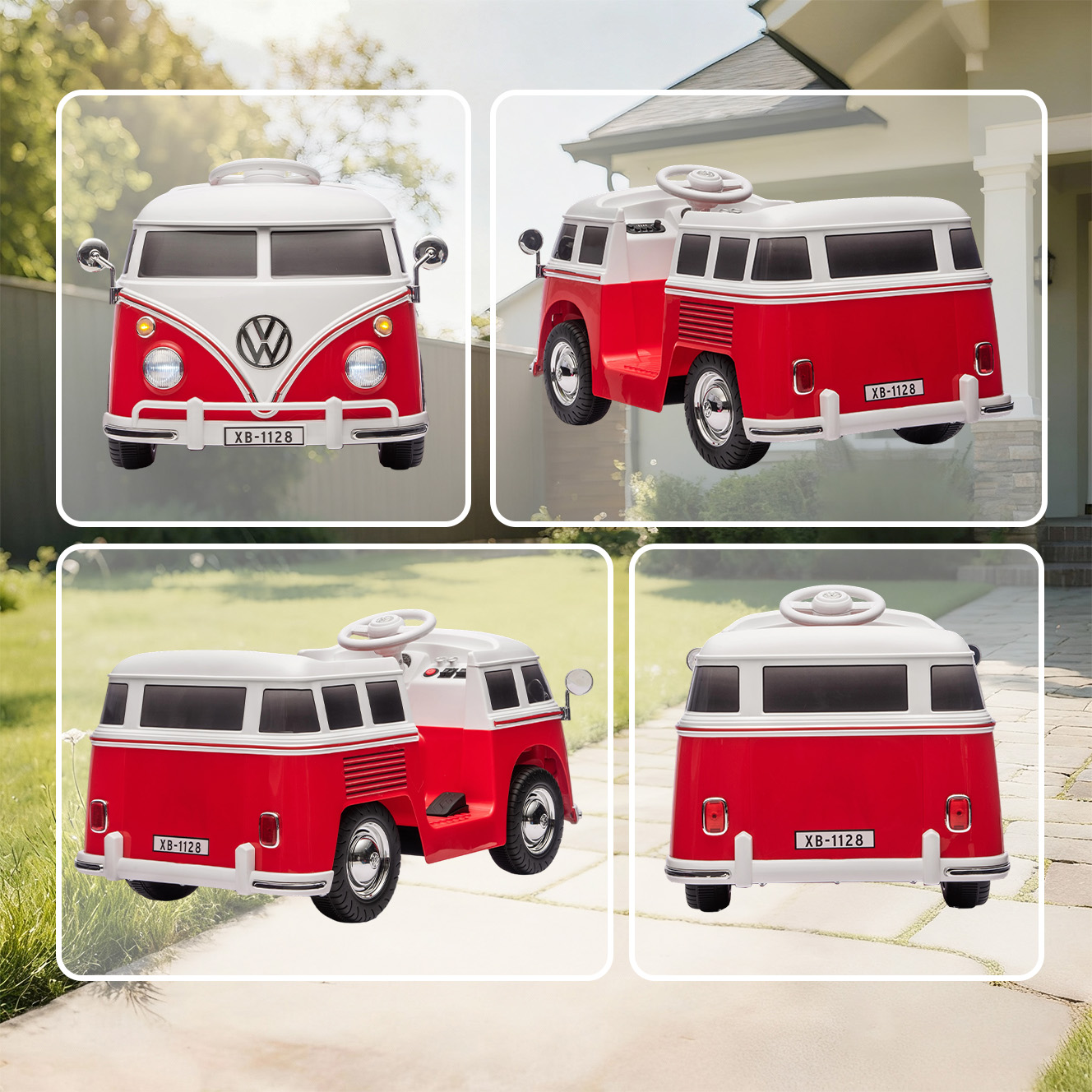 Autobus giocattolo VW rosso e bianco in quattro viste. Ogni vista mostra l'autobus su un patio. La targa dice XB-1128.
