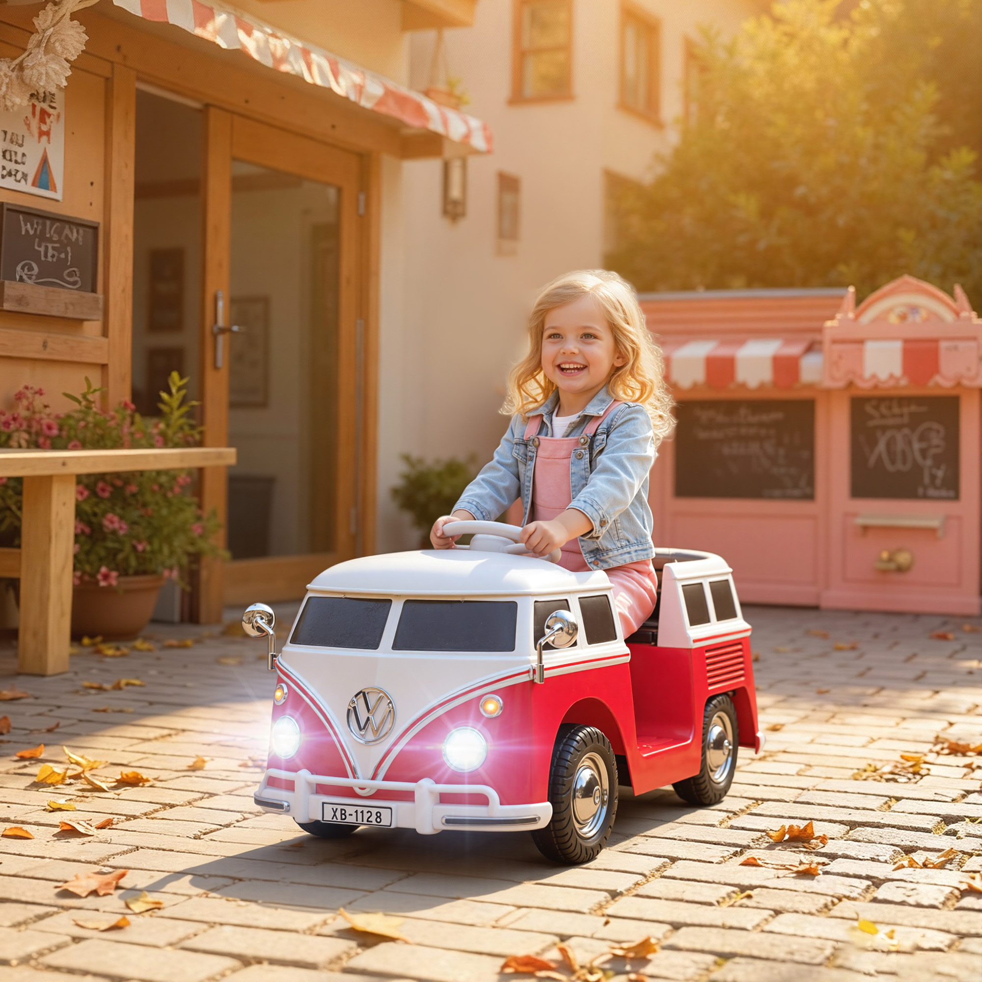Un bambino sorridente guida un furgoncino giocattolo VW rosso e bianco. Lo sfondo presenta una casa, un negozio di giochi e foglie autunnali.