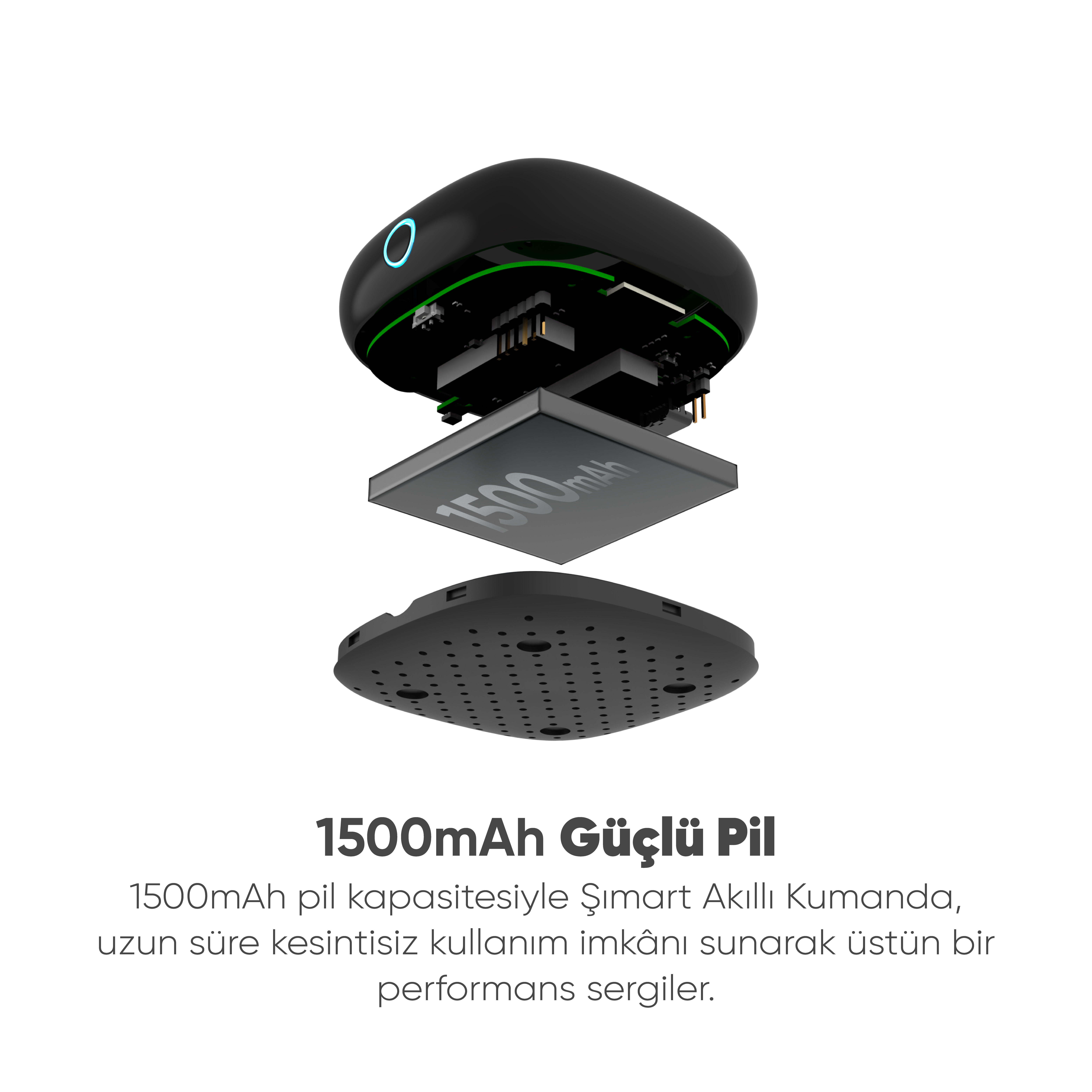1500mAh pilli siyah bir cihazın patlatılmış görünümü. Altında şu metin var: 1500mAh Güçlü Pil.