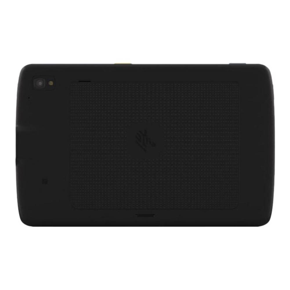 Tył czarnego tabletu. Posiada aparat, teksturowany tył i logo. Tablet jest prostokątny z zaokrąglonymi rogami.