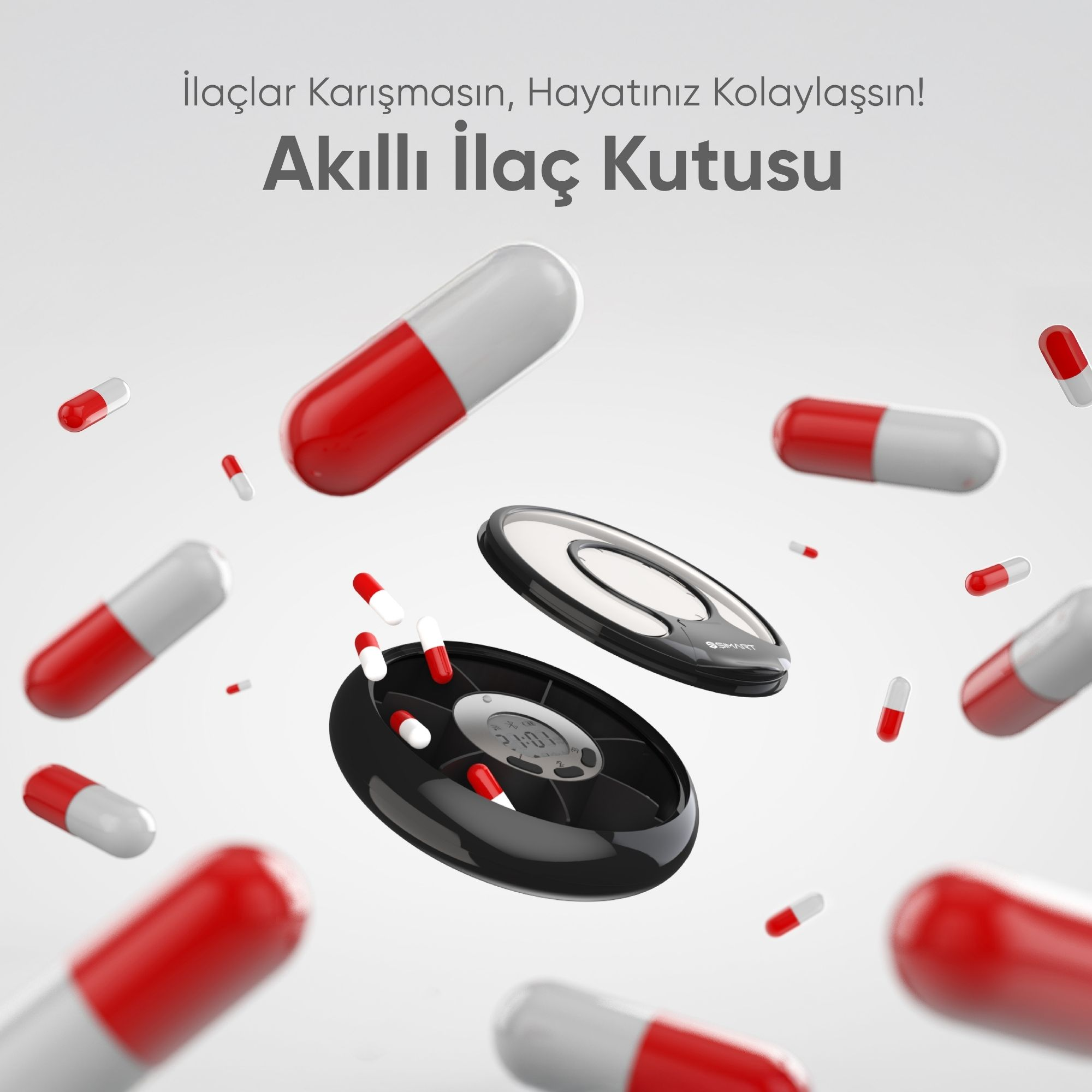 Görüntüde siyah bir hap düzenleyici ve dağılmış kırmızı-beyaz haplar görülüyor. Metinde 'Akıllı ilaç kutusu' yazıyor.