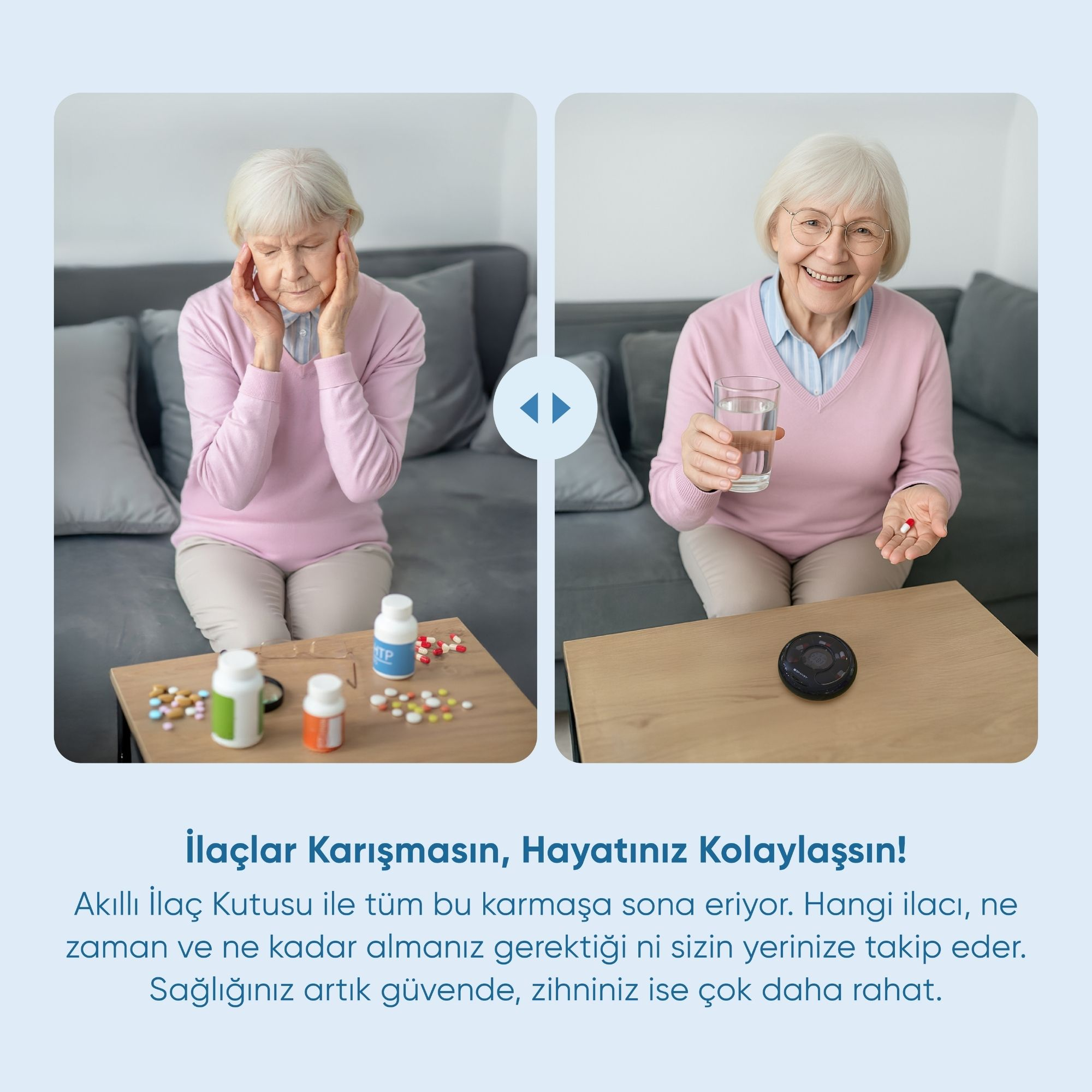 Görüntü, baş ağrısı olan, ardından hap ve su tutan gülümseyen bir kadını gösteriyor. Haplarla dolu masa ve akıllı bir hap kutusu.