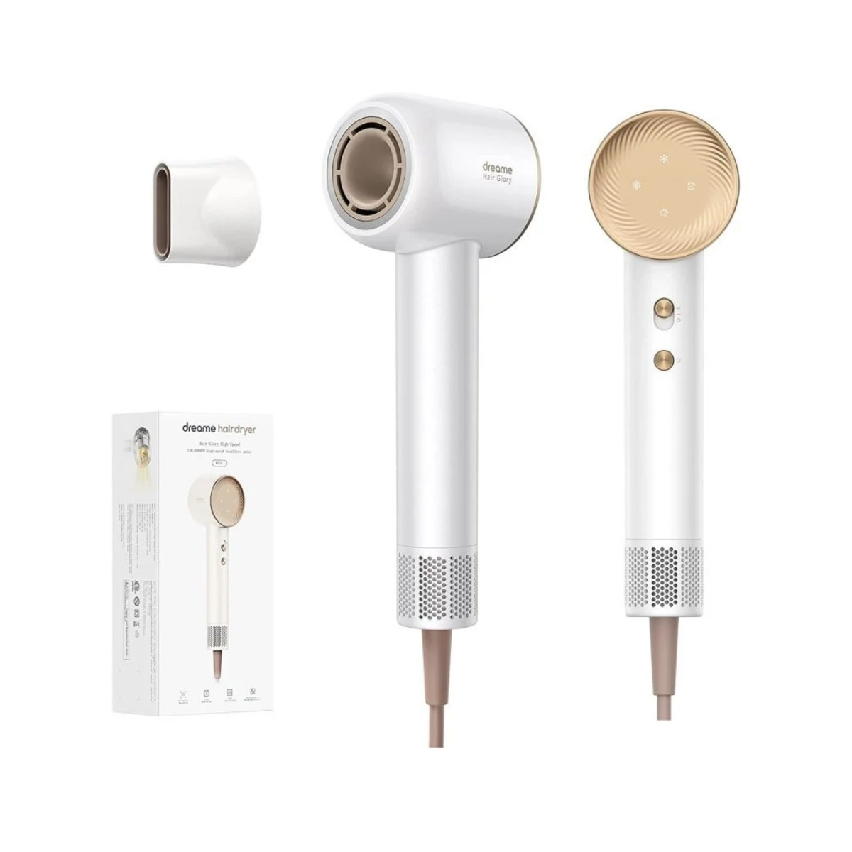 Biała i złota suszarka do włosów z nasadkami i opakowaniem. Zawiera dyszę i pudełko prezentujące produkt.