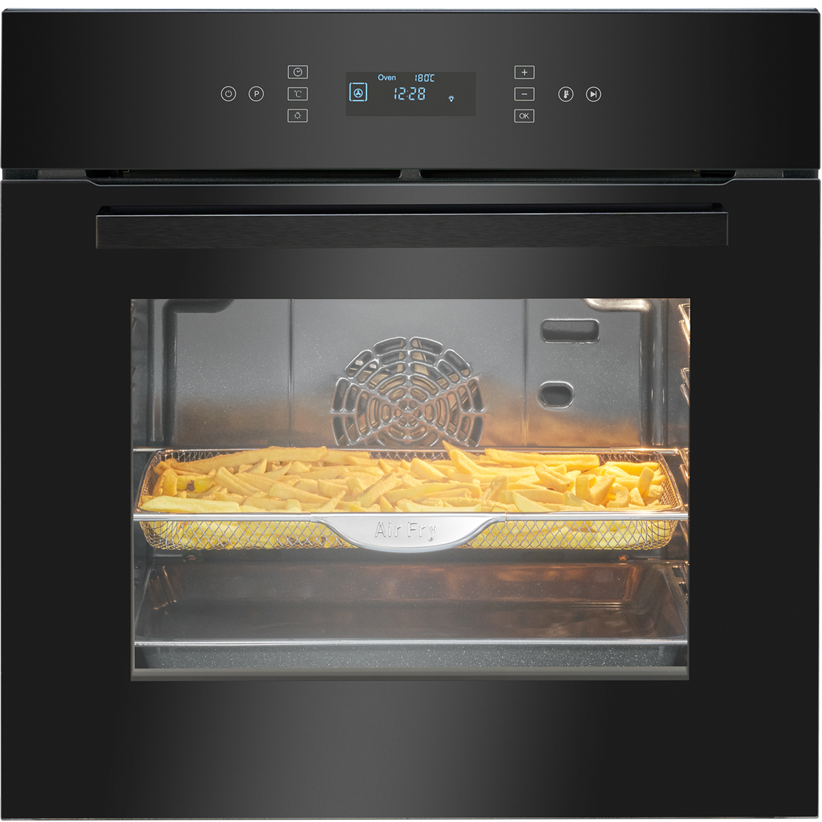 Ein Backofen mit Airfryer-Funktion. Im Inneren ist ein Korb mit Pommes Frites zu sehen. Das Ofendisplay zeigt 180 °C und 12:28.