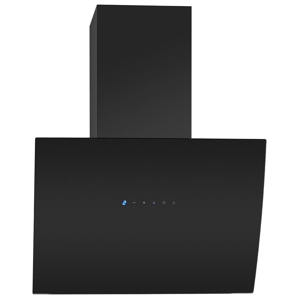 Una campana extractora negra moderna con pantalla digital. Tiene un diseño rectangular con una chimenea. La pantalla muestra números y símbolos.