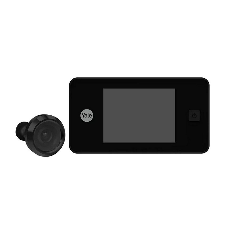 Un spioncino digitale Yale nero. Ha una fotocamera a sinistra e uno schermo con un pulsante di accensione/spegnimento a destra.