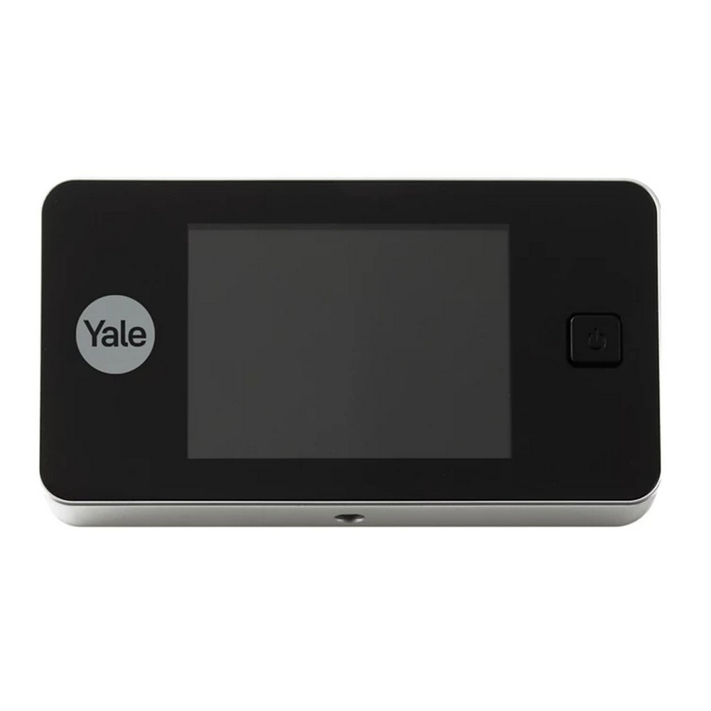 Un dispositivo Yale nero con schermo, pulsante di accensione e logo Yale. Ha una cornice argentata e un piccolo foro in basso.