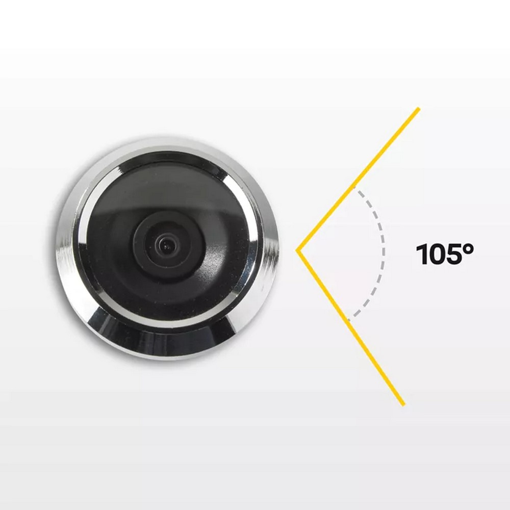Una telecamera rotonda con finiture argentate. Un grafico angolare giallo indica un campo visivo di 105 gradi su sfondo bianco.
