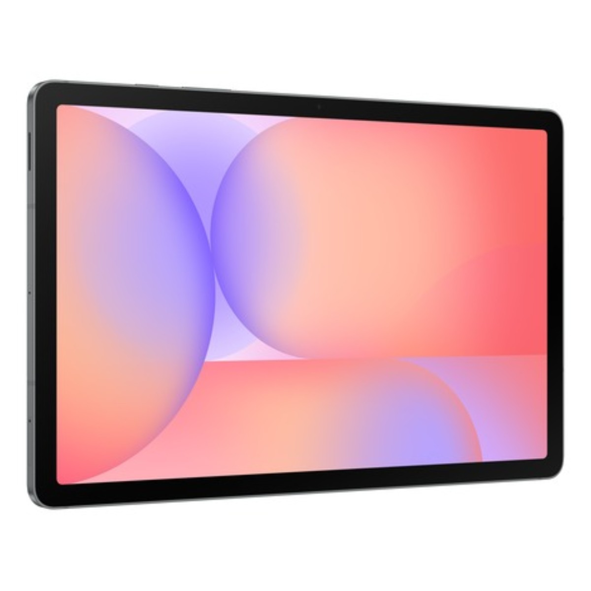 Un tablet con cornice nera. Lo schermo mostra un gradiente colorato con forme viola, rosa e arancioni.