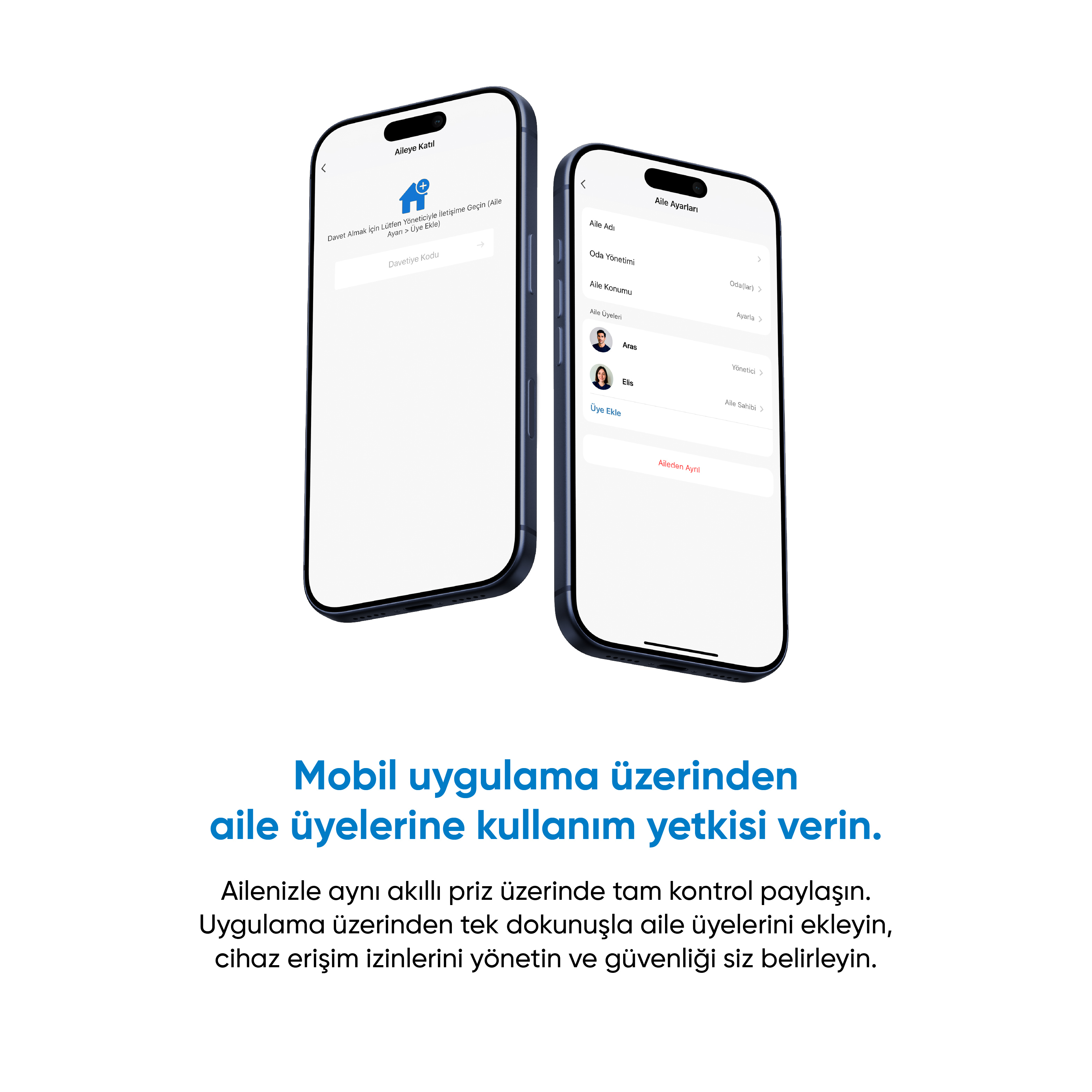 İki telefon uygulama ekranlarını gösteriyor. Biri davetiye kodunu, diğeri aile ayarlarını gösteriyor.