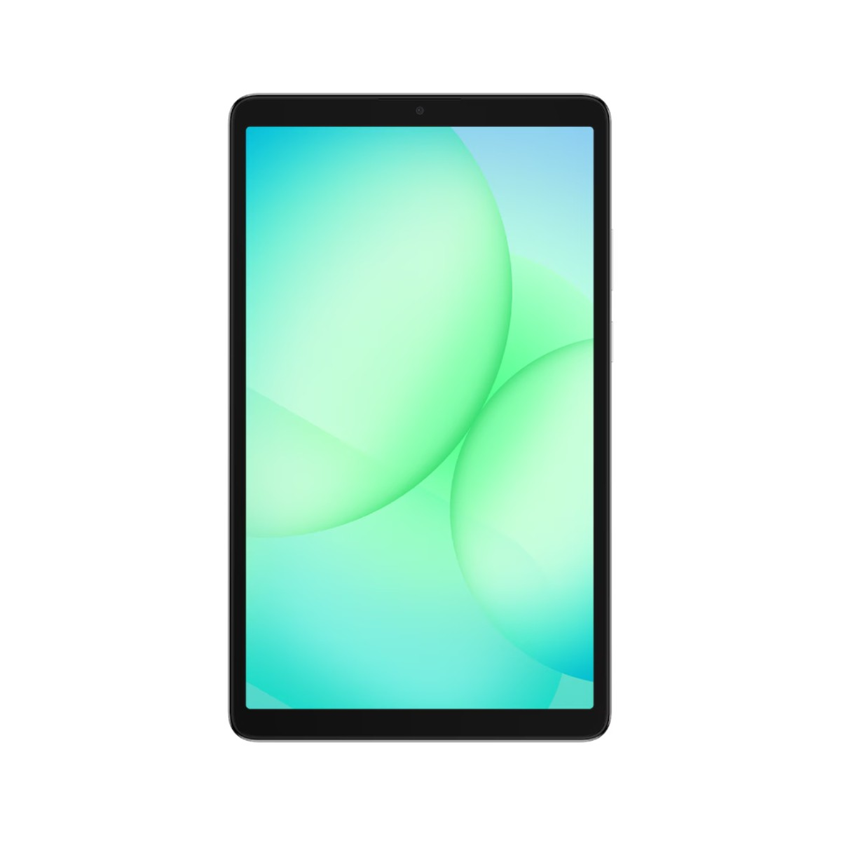 Tablet z czarną ramką. Ekran wyświetla zielone i niebieskie sfery na białym tle.