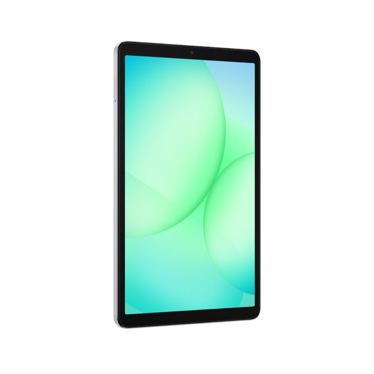 Una tableta con bisel negro y pantalla con esferas degradadas verdes y azules, sobre fondo blanco.