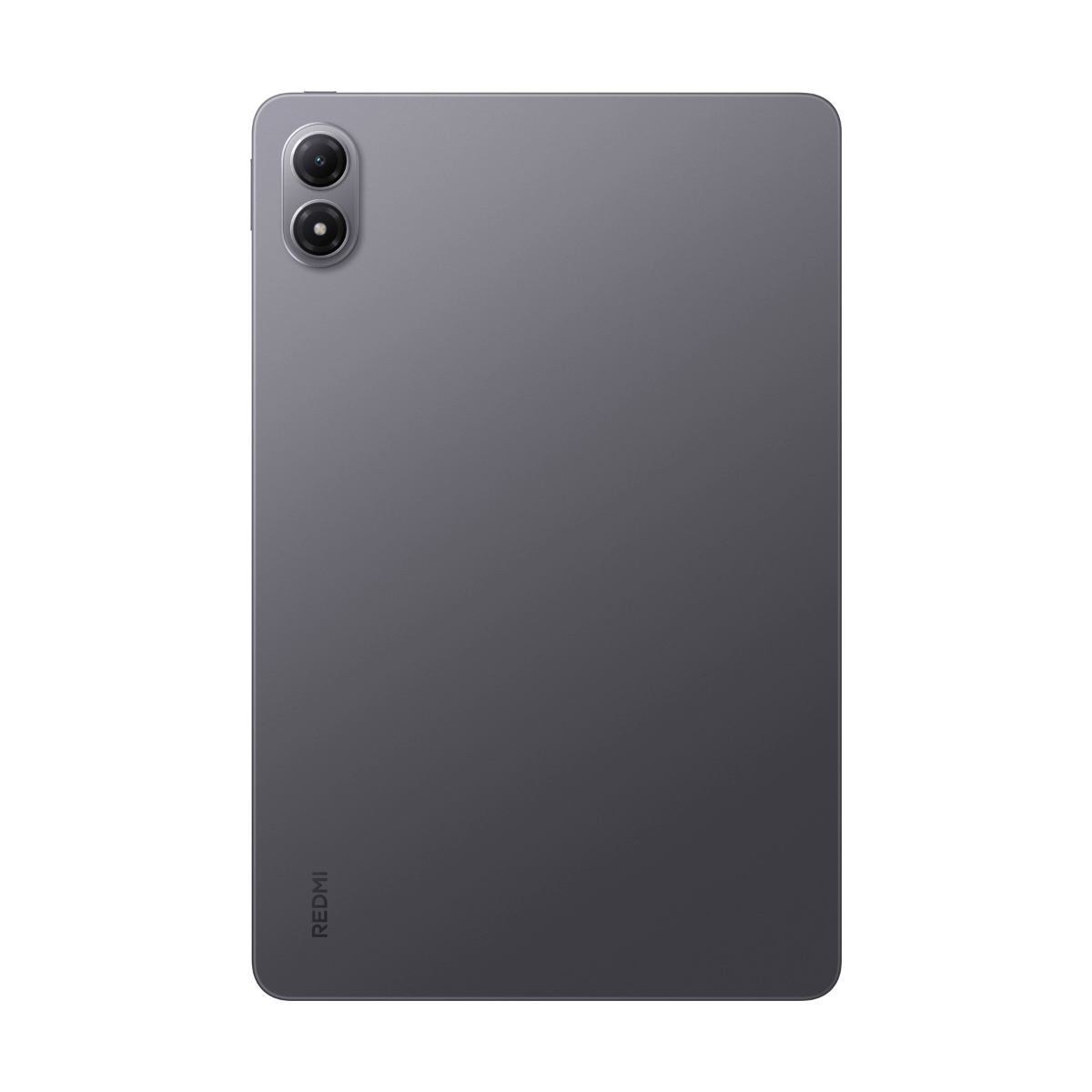 Szary tył tabletu Redmi. Podwójny aparat u góry po lewej. Logo Redmi na dole. Białe tło.