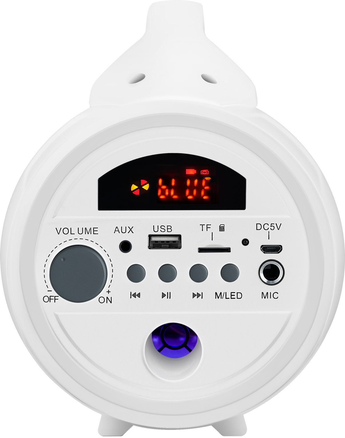 Altavoz blanco con pantalla digital que muestra 'BLUE'. Tiene botones para volumen, aux, USB, TF y más. Una luz azul brilla.