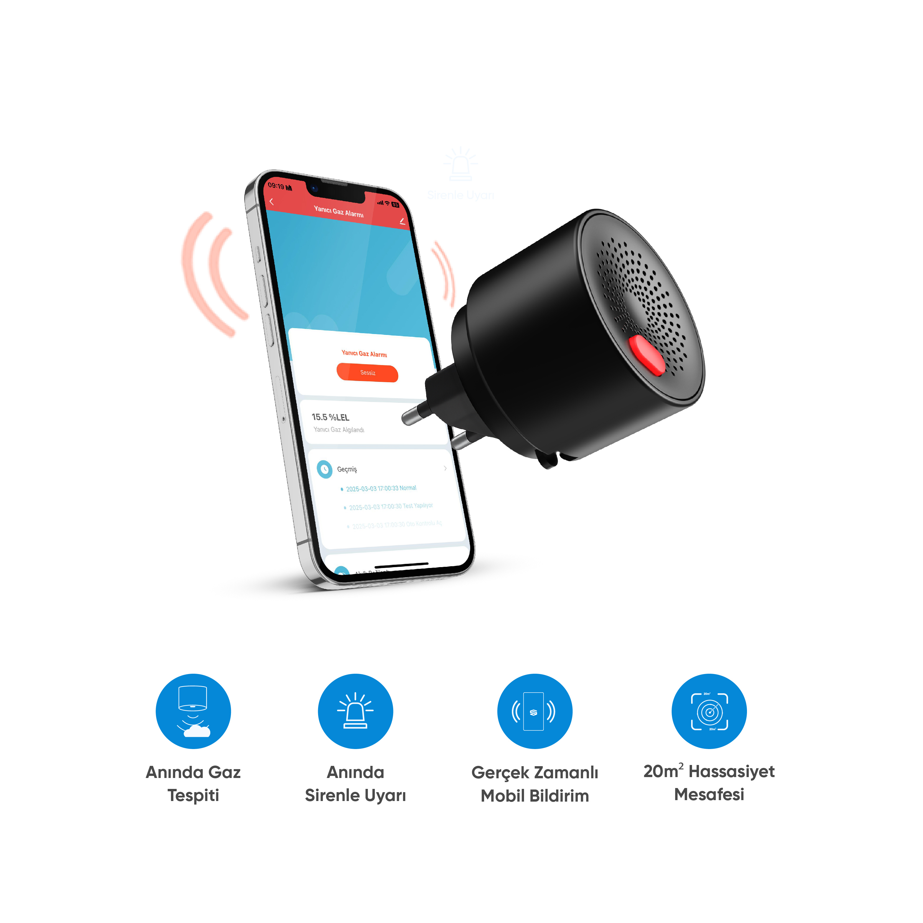ŞIMART Mobil Bildirim ve Sesli Uyarı Akıllı Yanıcı Gaz Alarmı