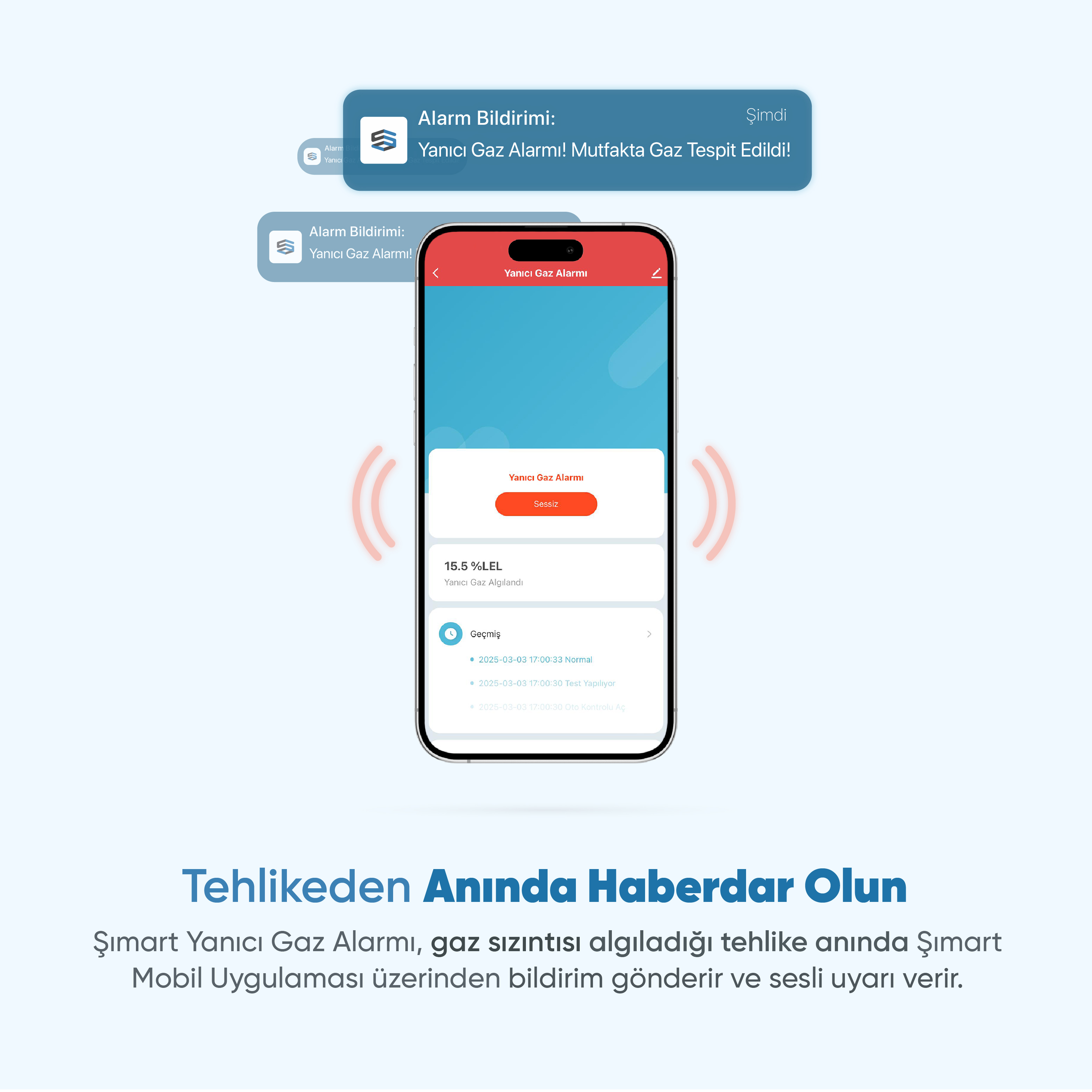 Bir telefon gaz alarmı uyarısı görüntülüyor. Metin alarm, gaz algılandı ve detaylar diyor. Uygulama geçmişi gösteriyor.