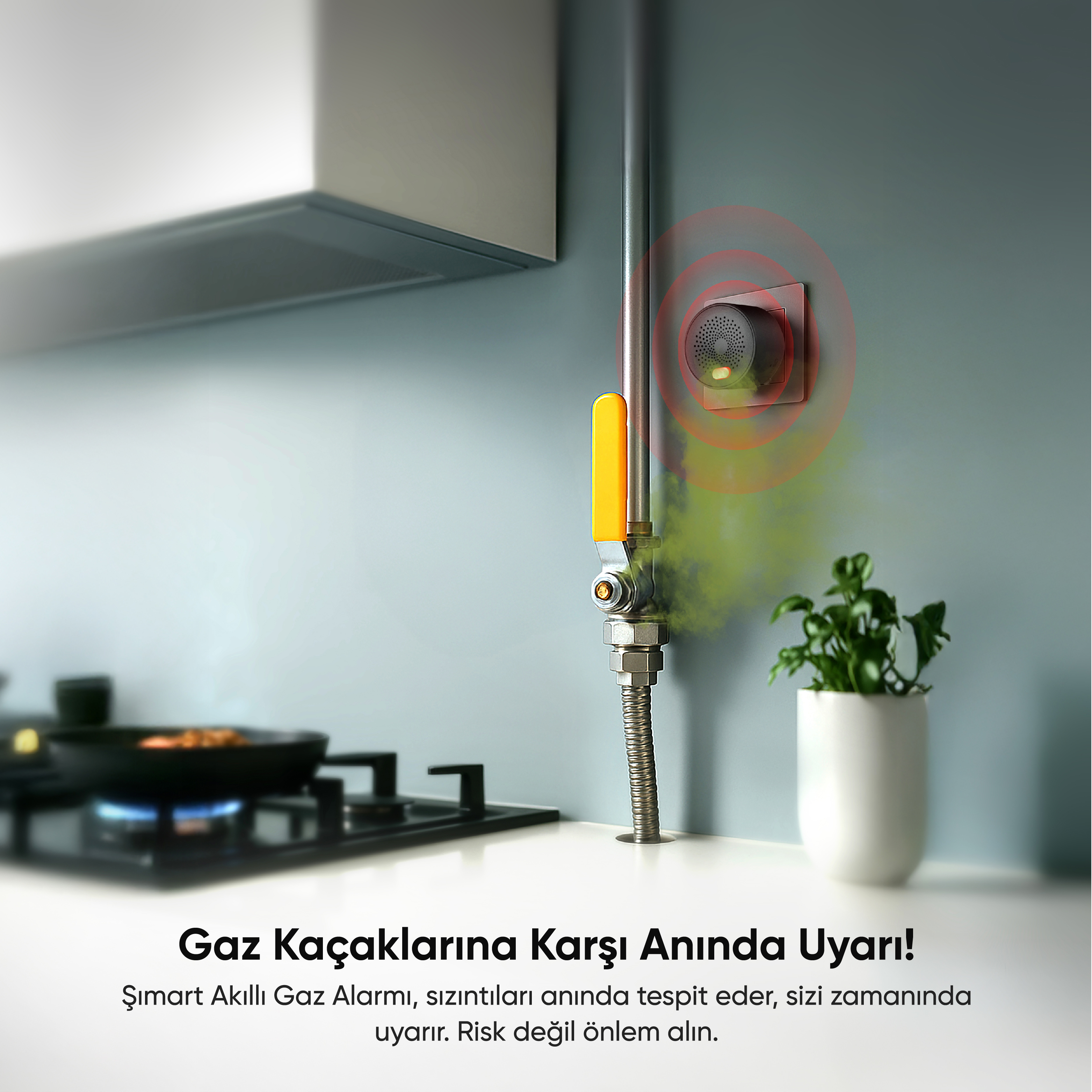 Gaz dedektörü, gaz borusu ve bitki bulunan bir mutfak sahnesi. Ocakta bir tava pişiyor.