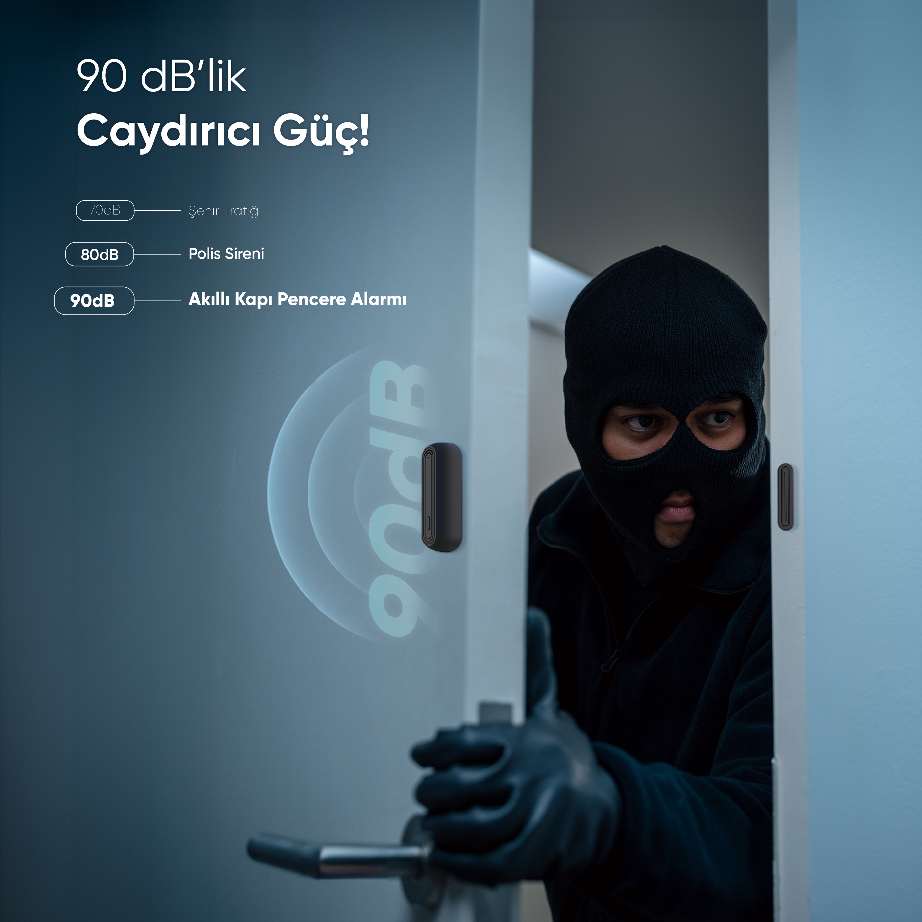 Siyah maskeli bir kişi kapıyı açıyor. Soldaki metin: '90 dB'lik Caydırıcı Güç!'