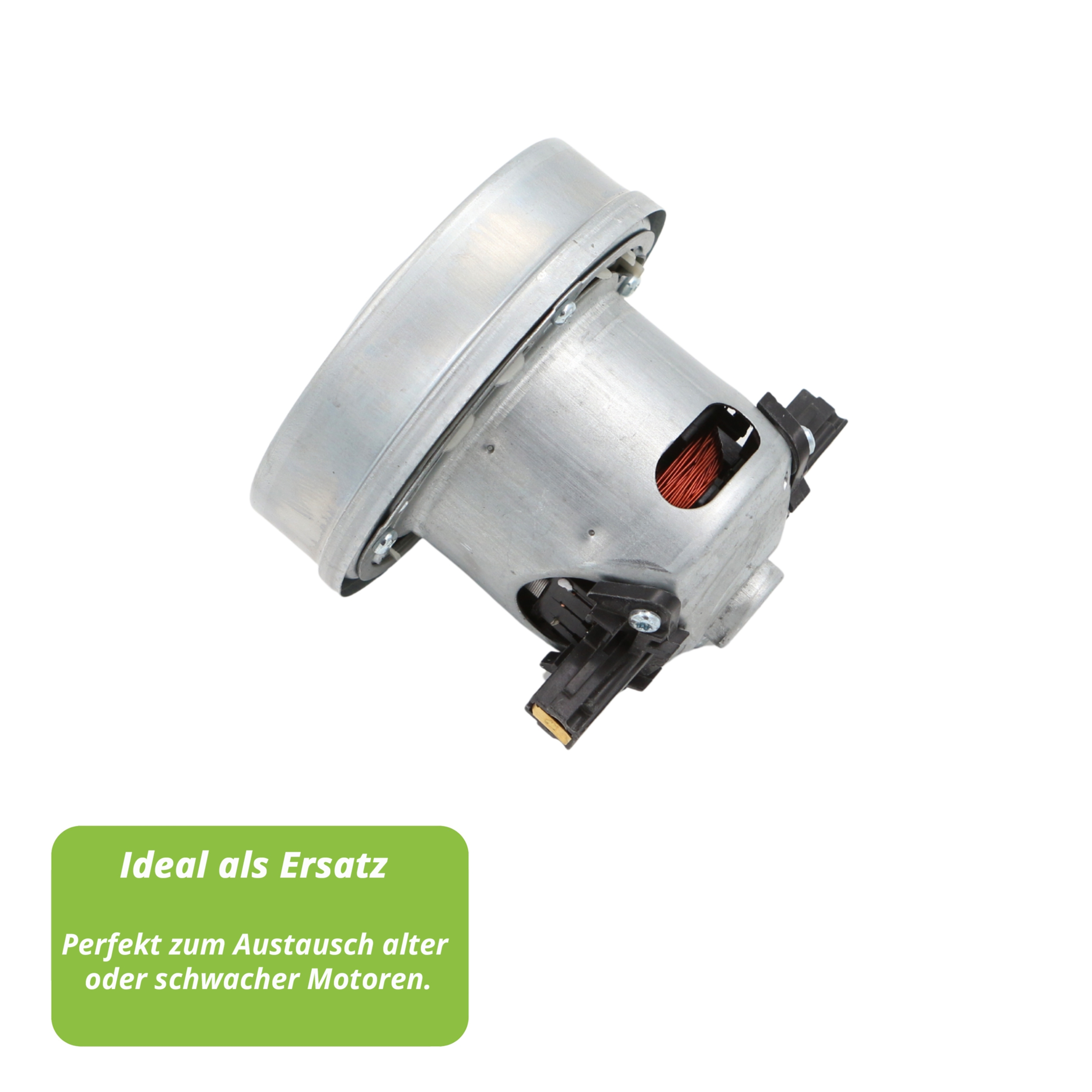 Ein metallischer Elektromotor auf weißem Hintergrund. Ein grünes Rechteck besagt 'Ideal als Ersatz' und 'Perfekt zum Austausch'.