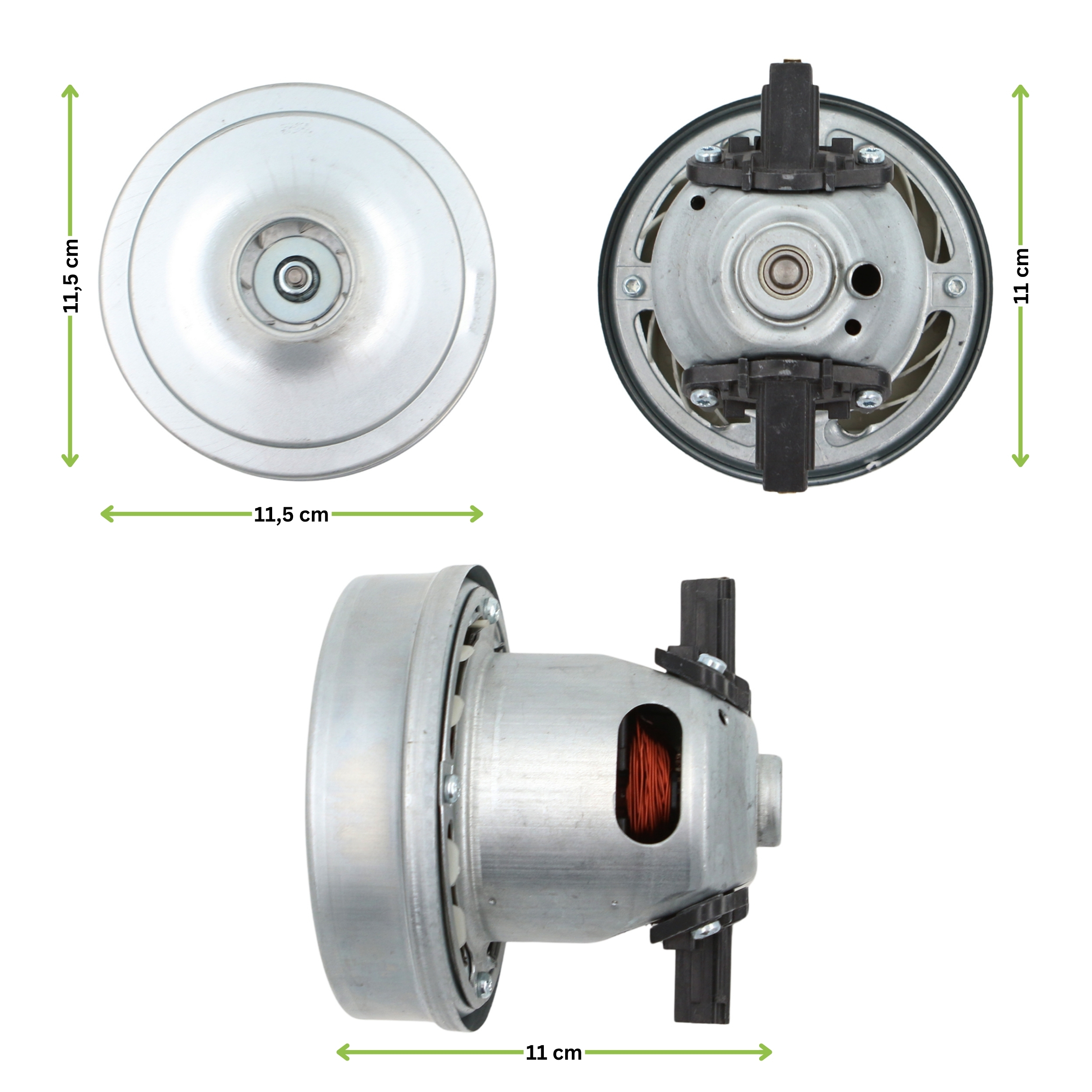 Drei Ansichten eines Metall-Staubsaugermotors. Enthält Abmessungen und Details des Lüfters und der Verdrahtung.