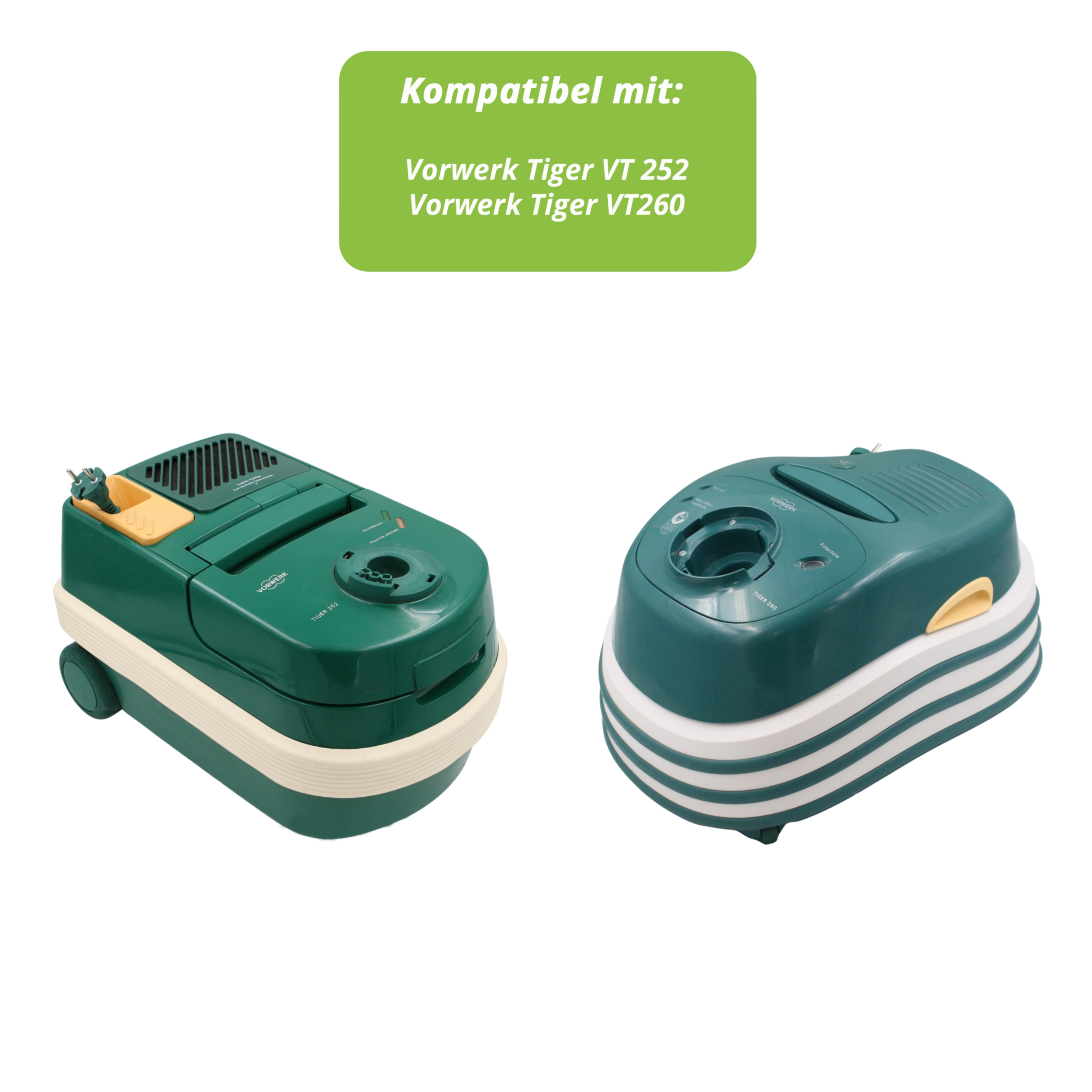 Zwei grüne Vorwerk Tiger Staubsauger. Einer mit Rädern und der andere mit gebogener Basis. Beide auf weißem Hintergrund.