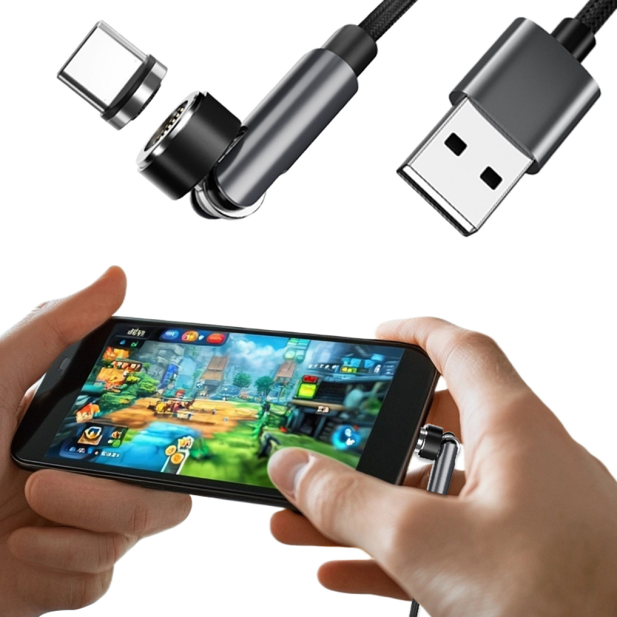 Hände halten ein Telefon, auf dem ein Spiel gespielt wird. Oben ein magnetisches Ladekabel. Das Kabel ist mit dem Telefon verbunden, das andere Ende ist USB.