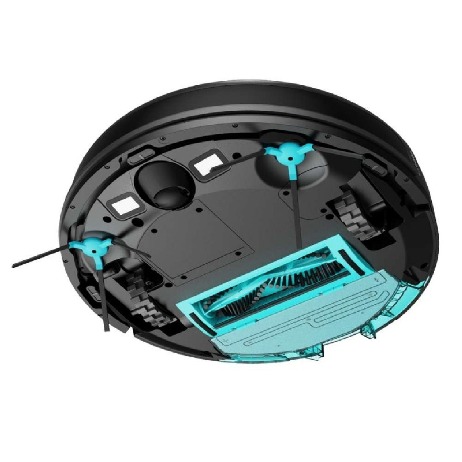 Vista inferior de un robot aspirador negro. Cuenta con cepillos giratorios, un cepillo de rodillo y sensores, todo en un diseño moderno.