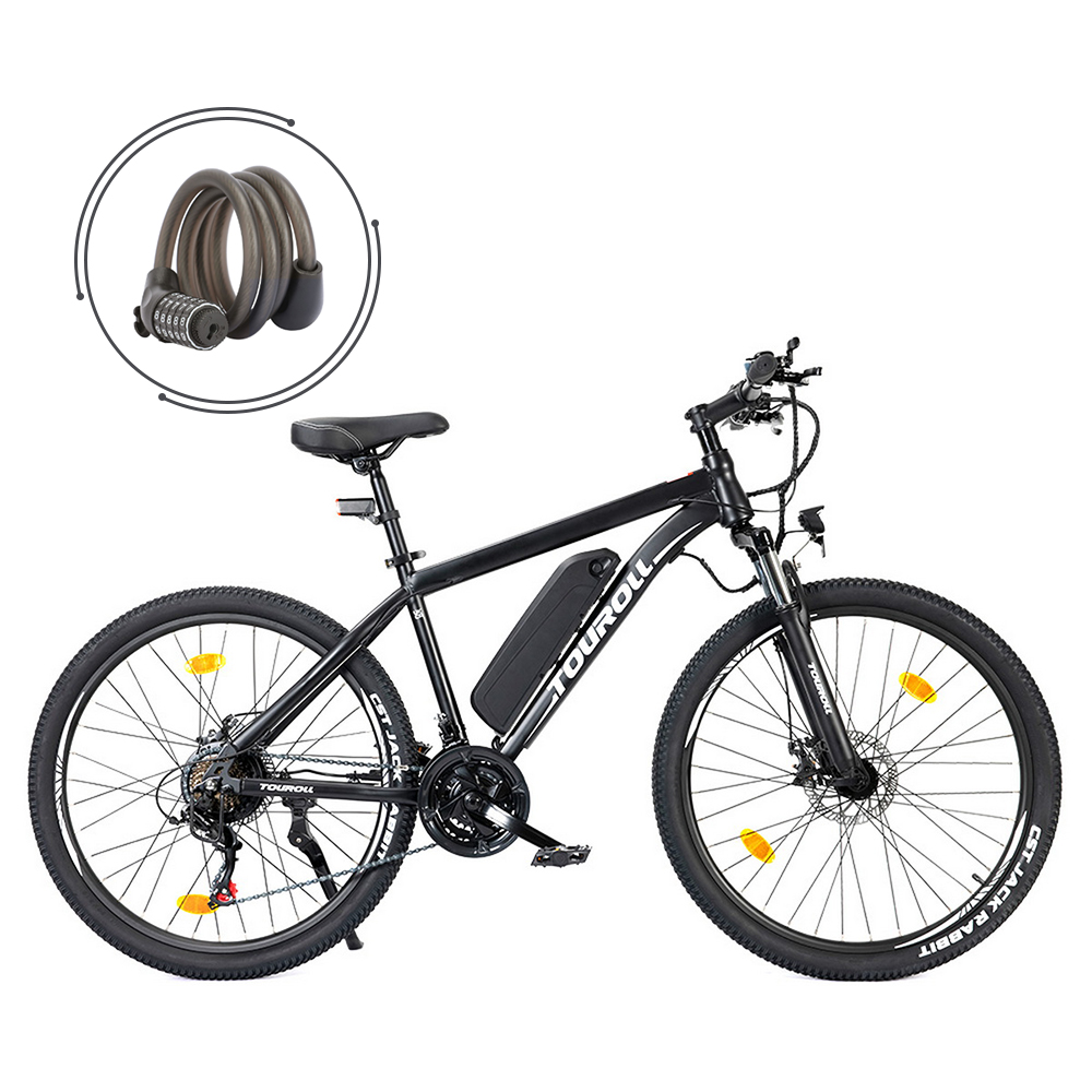 Czarny rower elektryczny Touroll z zamkiem. Rower ma czarne opony, akumulator i siodełko. Zamek jest szary i zwinięty.