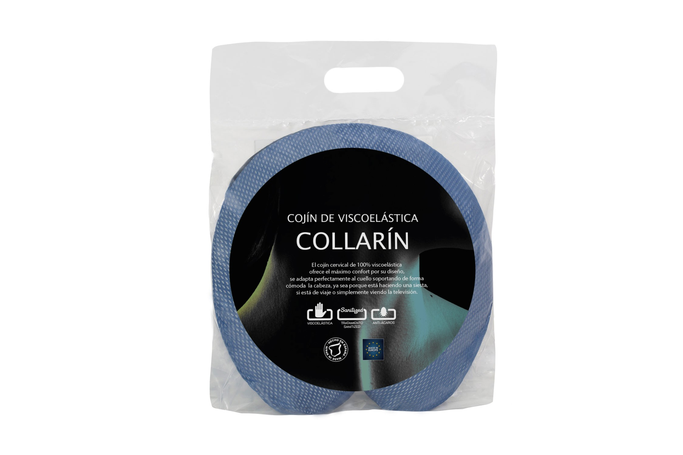 Una almohada cervical de espuma viscoelástica azul en una bolsa de plástico transparente. El texto en el empaque incluye 'COLLARIN'.