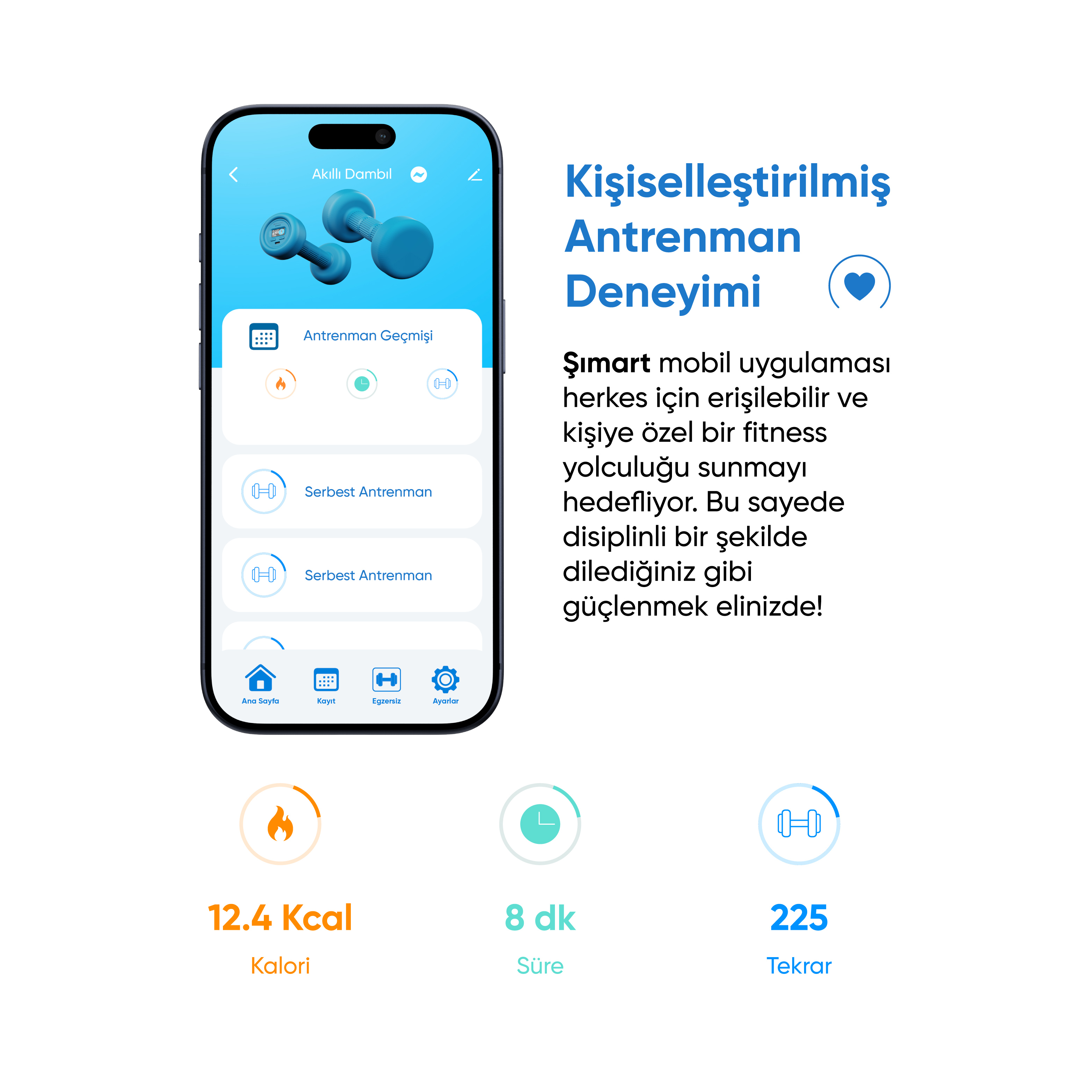 Bir telefon, antrenman detayları, dambıl simgesi ve Türkçe metin içeren bir fitness uygulaması arayüzünü görüntülüyor.