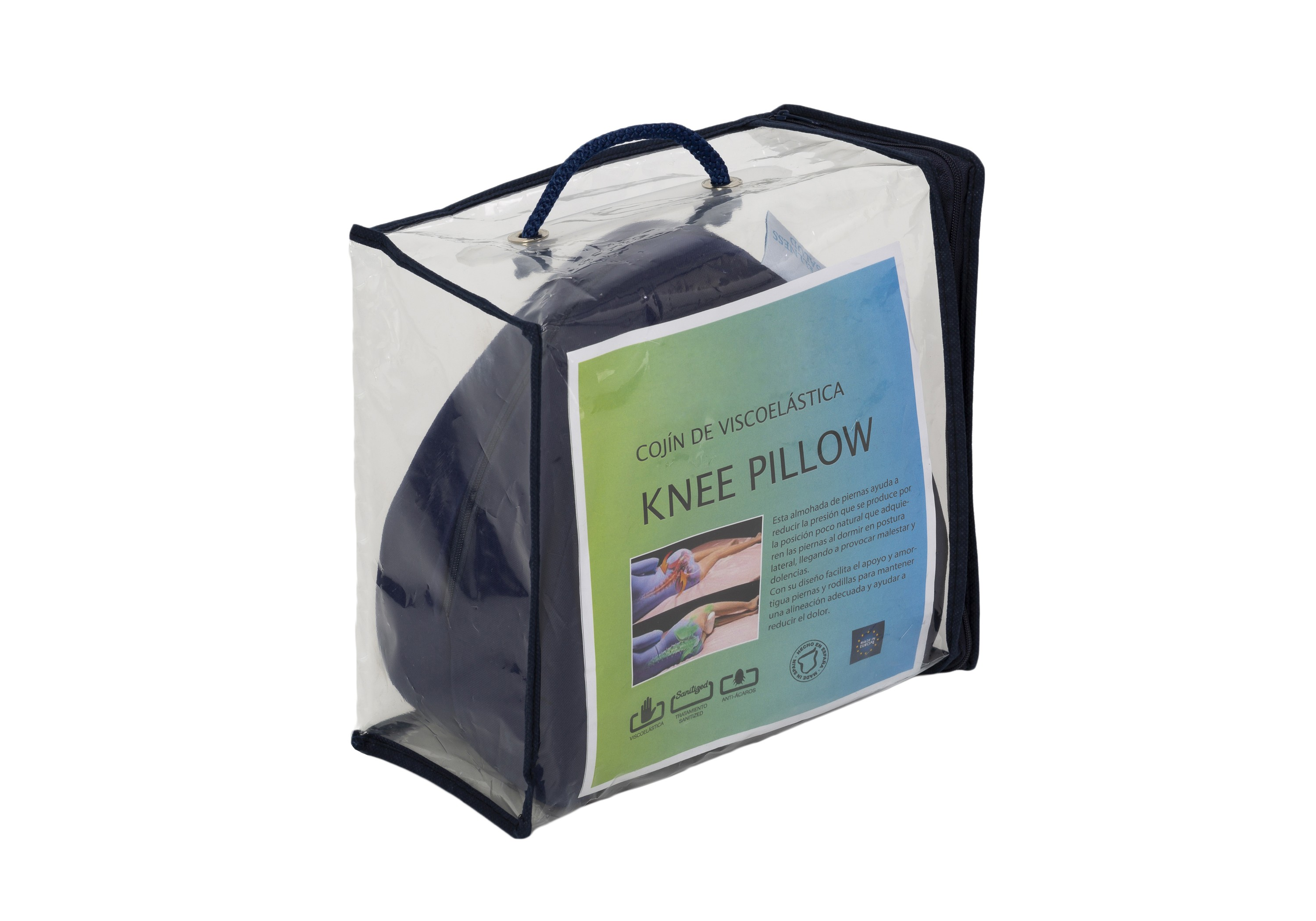 Una almohada para la rodilla en una bolsa de plástico transparente con asa. El texto en la almohada dice 'Knee Pillow'.