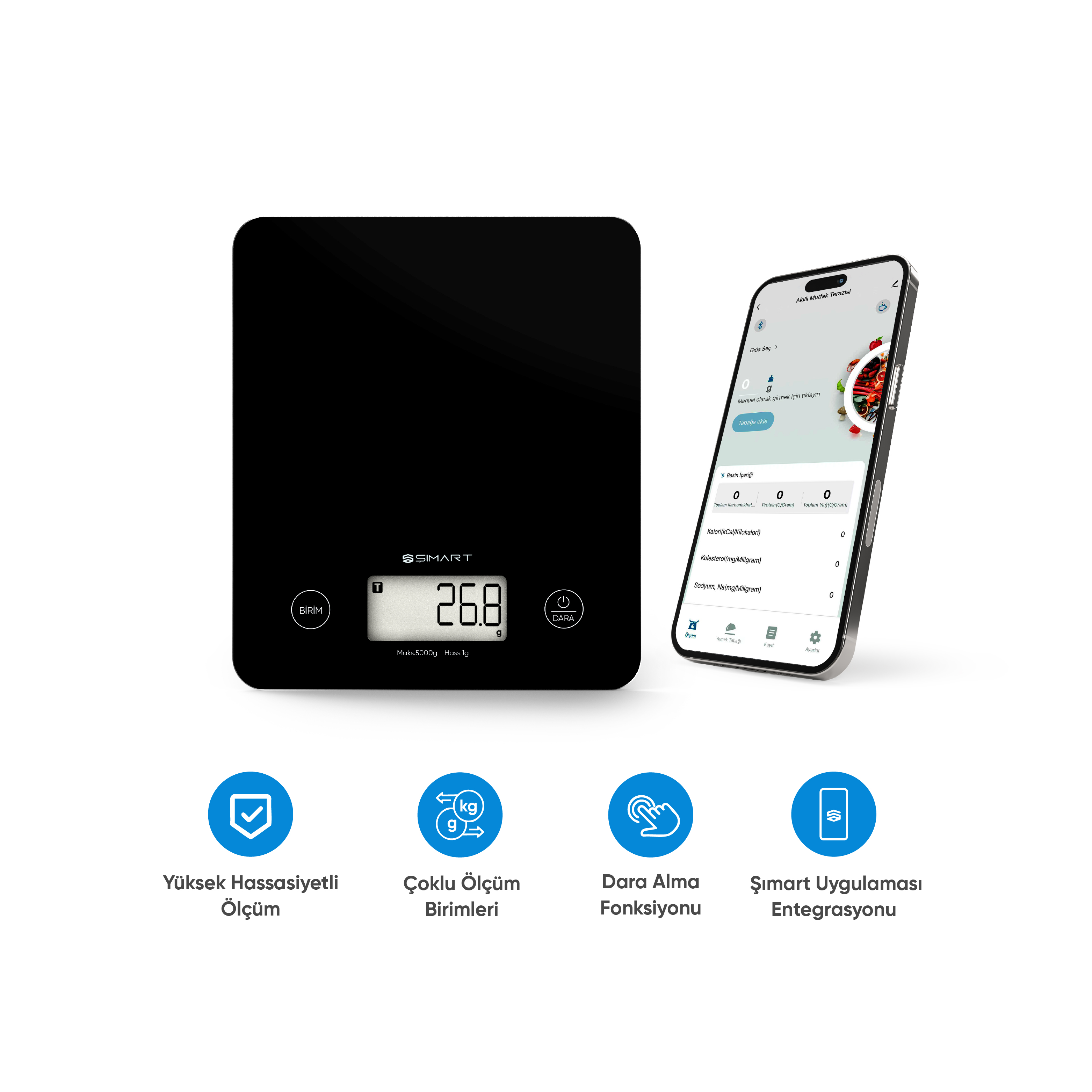 ŞIMART Bluetooth Destekli Hassas Dijital Ölçüm Akıllı Mutfak Terazisi Siyah