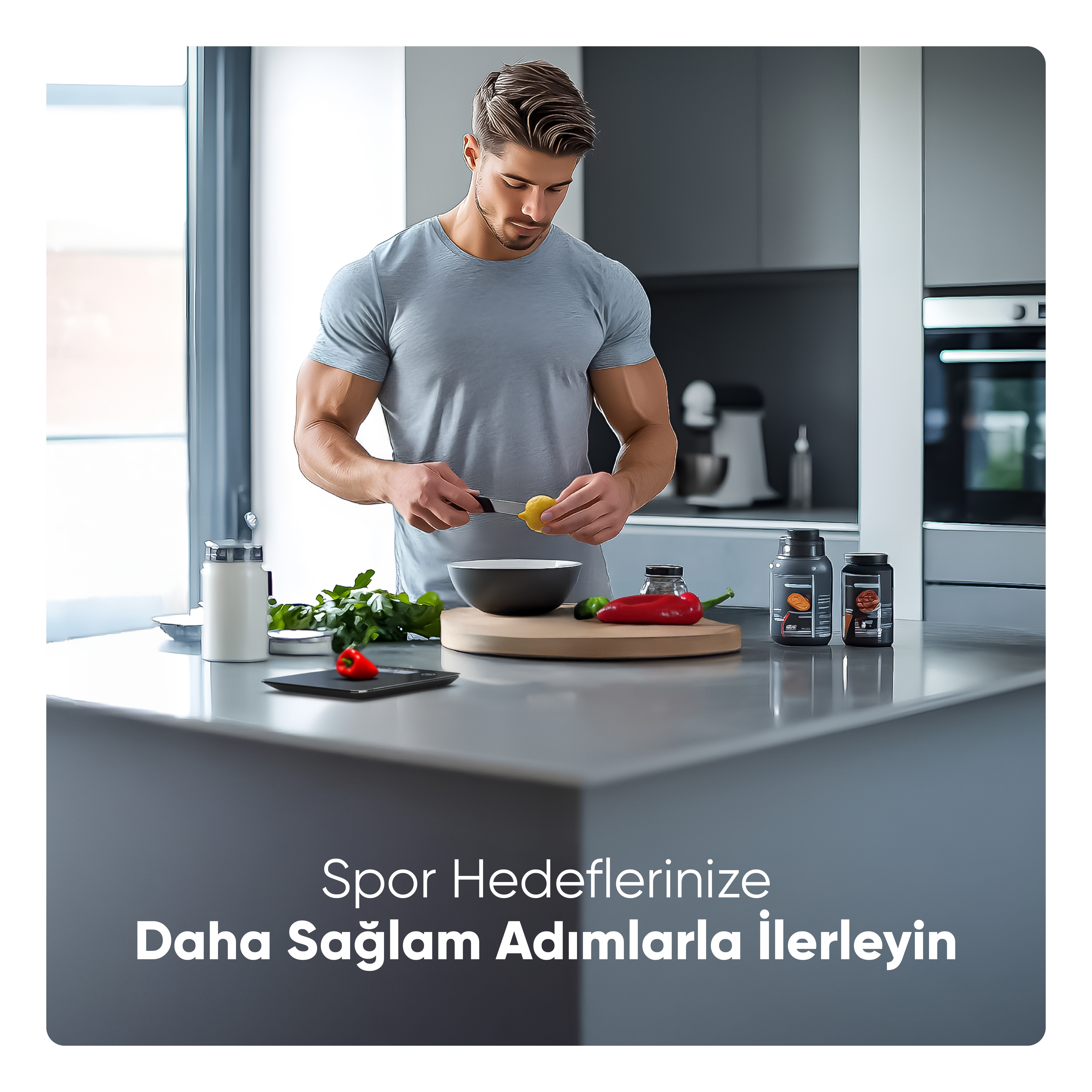 Gri tişörtlü bir adam mutfakta limon kesiyor. Tezgahta takviyeler ve sebzeler var.