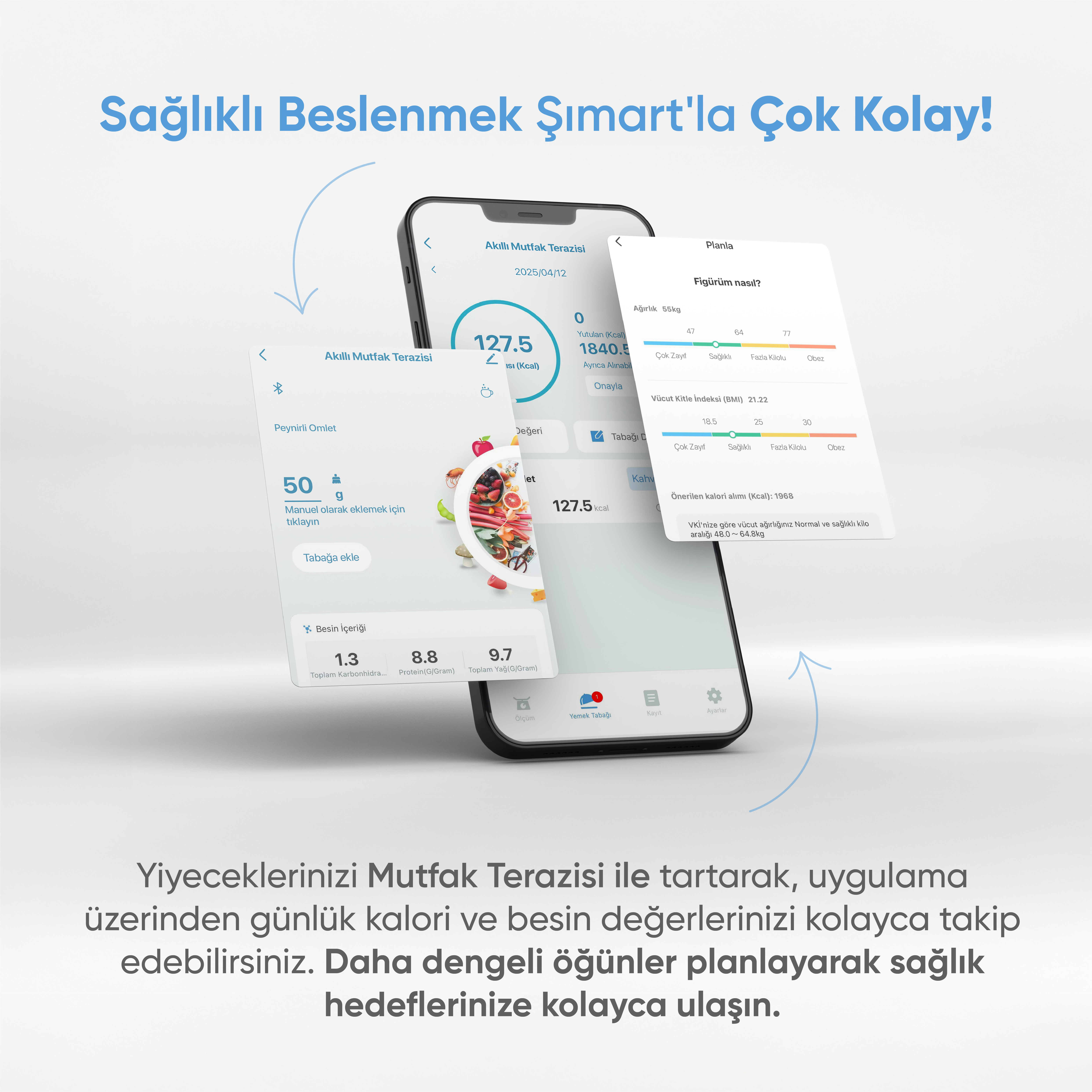 Bir telefon, verilerle bir beslenme uygulamasını görüntüler. Metin: Şımart ile sağlıklı beslenmek kolay! Aşağıda bir metin var.