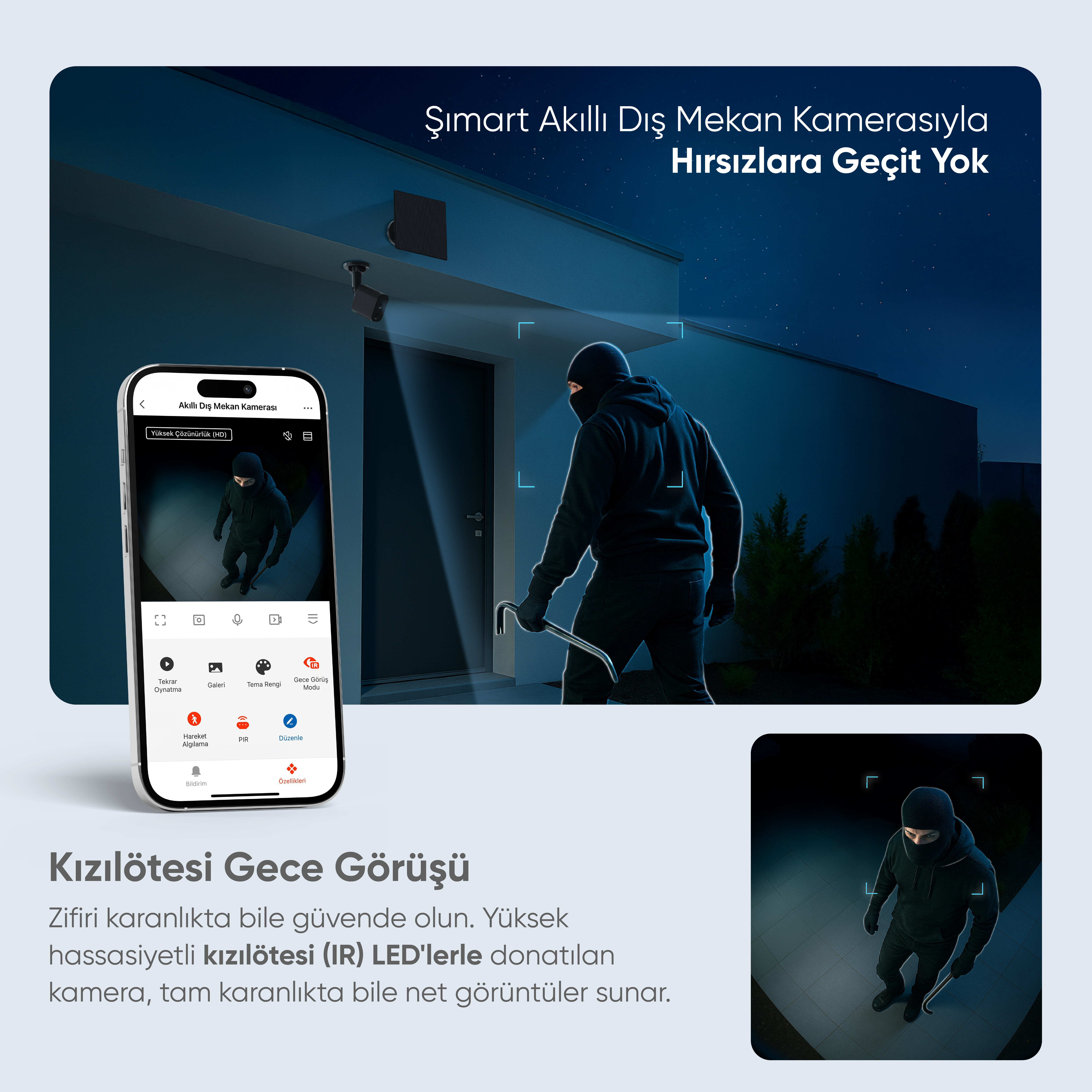 Bir levye tutan hırsız, gece bir güvenlik kamerası tarafından tespit edilir. Bir telefon kameranın görüntüsünü gösteriyor.