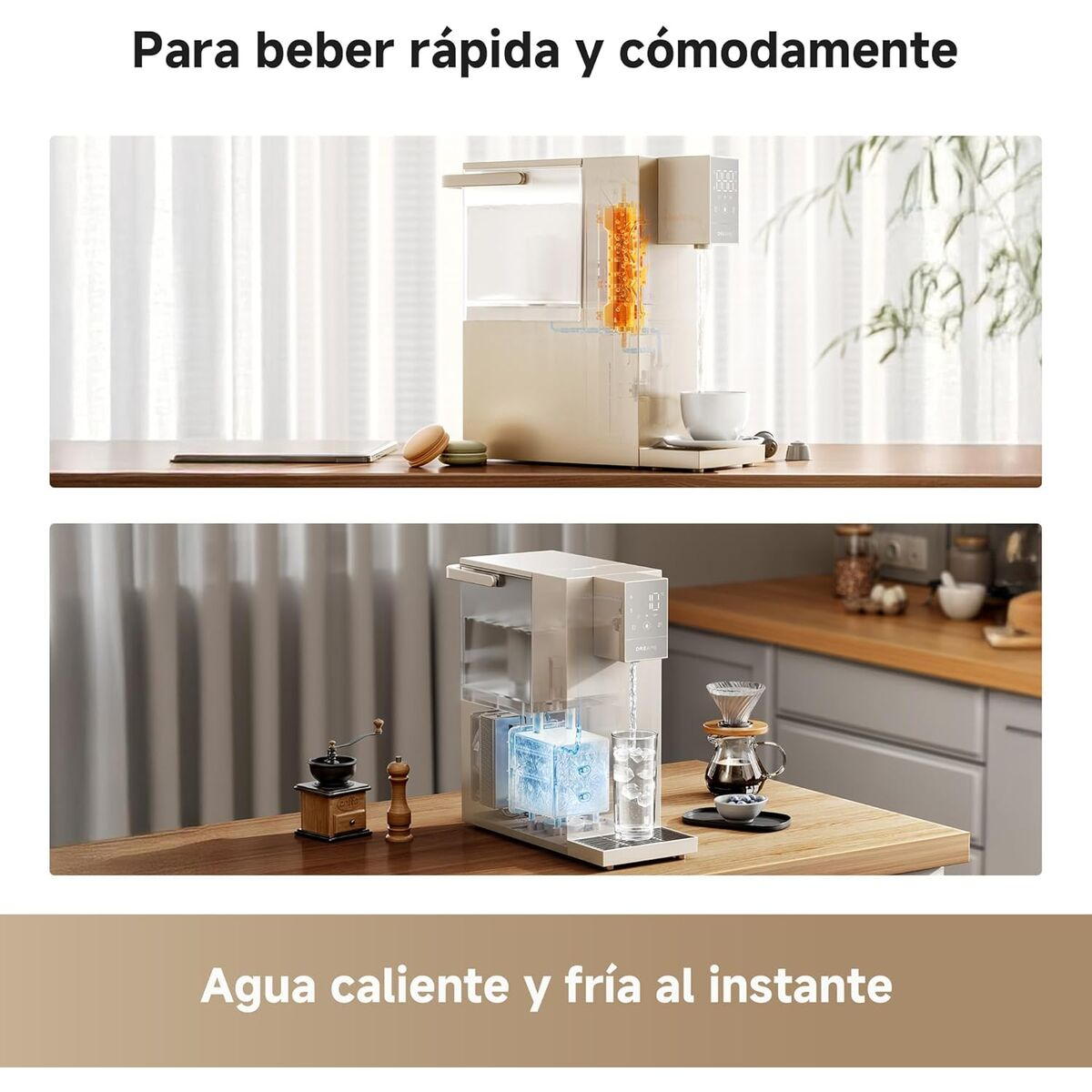 Due immagini mostrano un distributore d'acqua con opzioni caldo/freddo. Uno con una tazza, l'altro con ghiaccio. Il testo dice: 'Bevi velocemente e comodamente'.