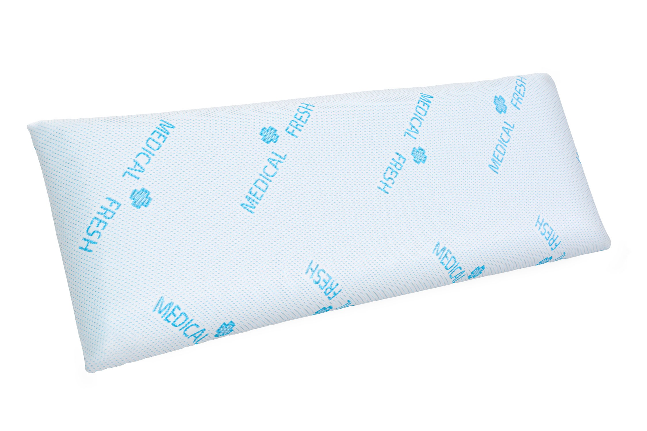 Una almohada médica rectangular. Es blanca con un patrón de puntos azules y las palabras 'MEDICAL FRESH' impresas.