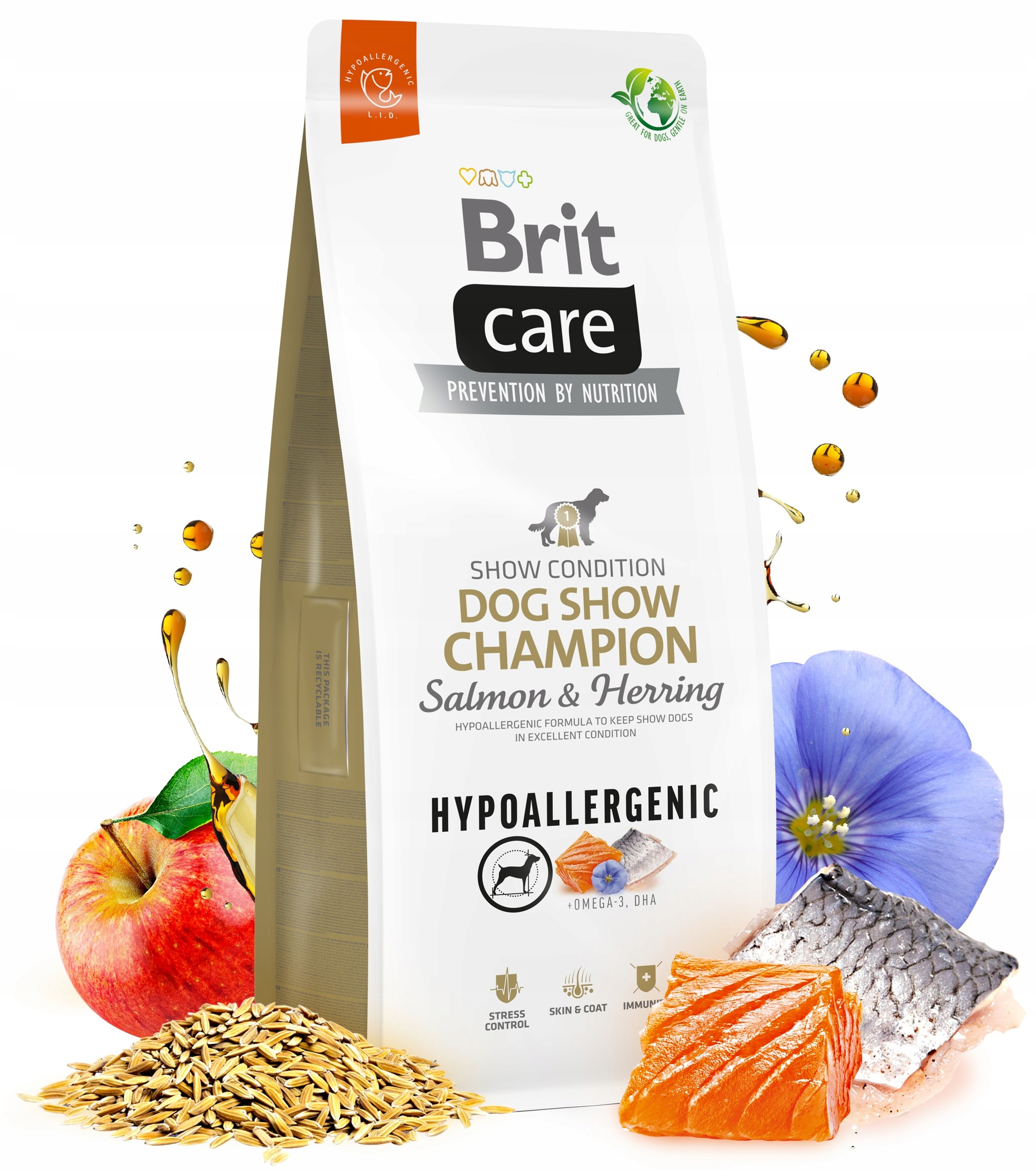 Torba z karmą dla psów z łososiem, śledziem, jabłkiem i ziarnami. Na torbie napis 'Brit Care' i 'Hipoalergiczny'.