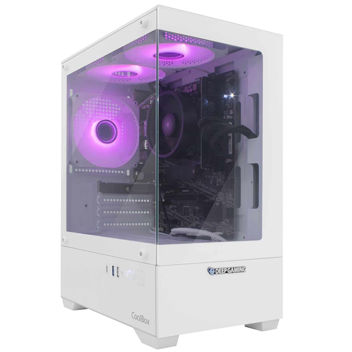 Carcasa de ordenador blanca con panel lateral transparente. En el interior hay componentes con ventiladores y luces LED moradas. La carcasa tiene el logotipo Deep Gaming.
