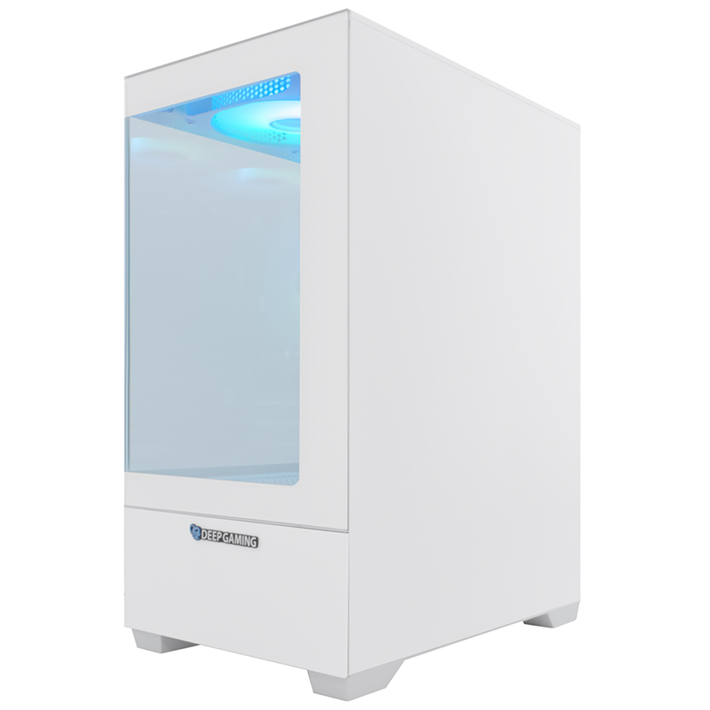 Una caja de ordenador blanca con un panel lateral de cristal. Tiene luces azules dentro y un logotipo de DeepGaming. Se apoya en pequeños pies.