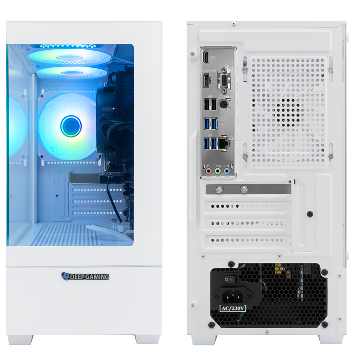 Una carcasa de computadora blanca con un panel lateral de vidrio, que revela componentes internos y ventiladores coloridos. La parte trasera muestra puertos y fuente de alimentación.