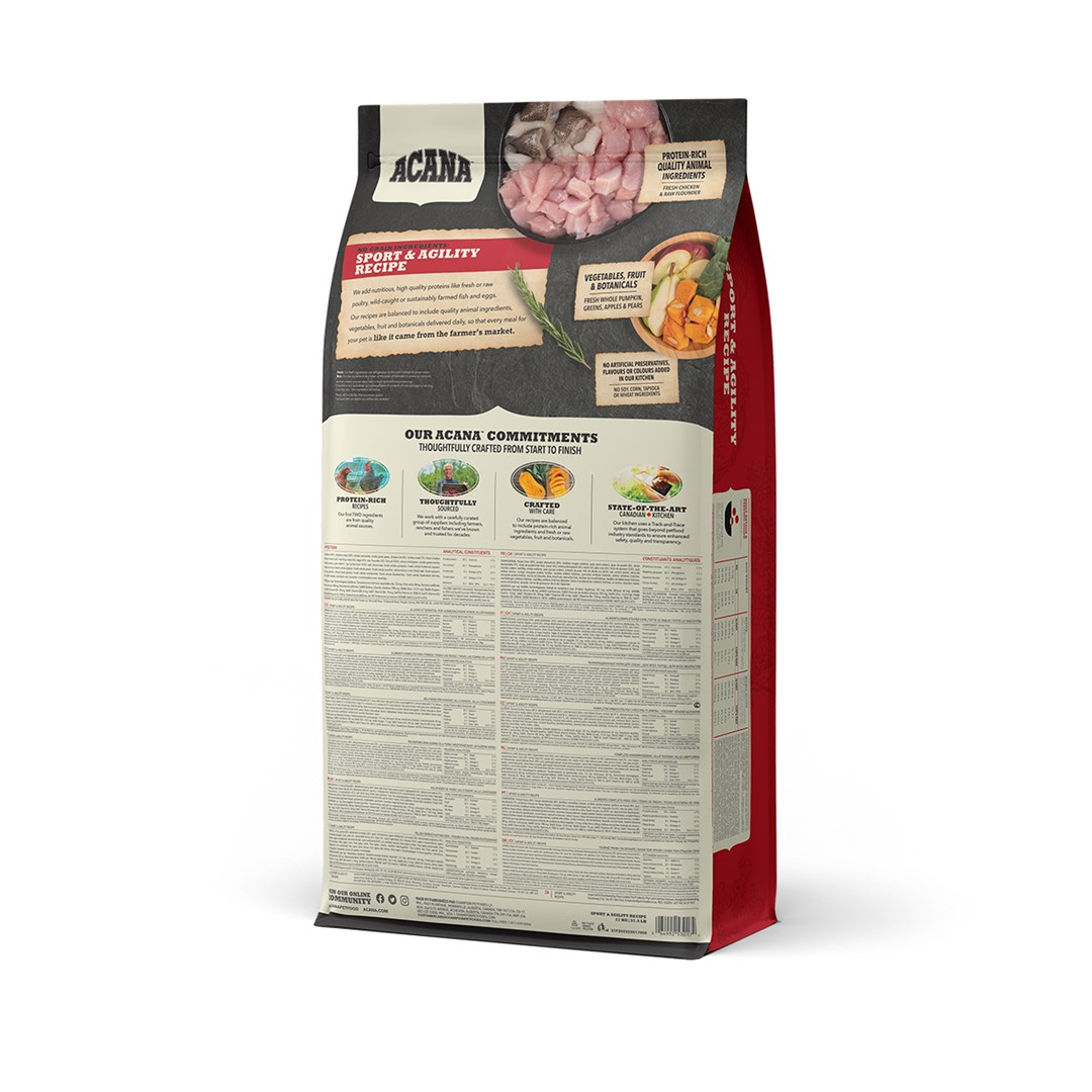 Torba karmy dla psów ACANA Sport & Agility. Czerwono-białe opakowanie ze zdjęciami mięsa i warzyw.