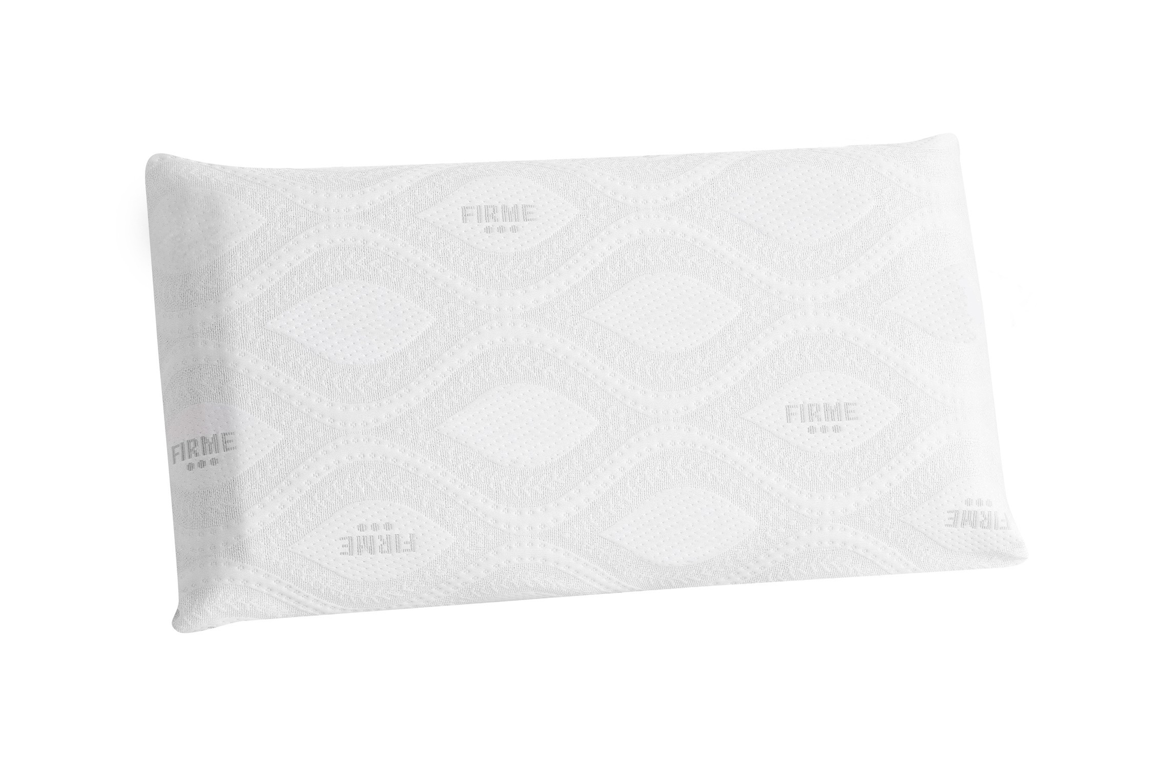 Una almohada blanca con la palabra 'FIRME' impresa varias veces. Tiene una superficie estampada y está sobre un fondo blanco.