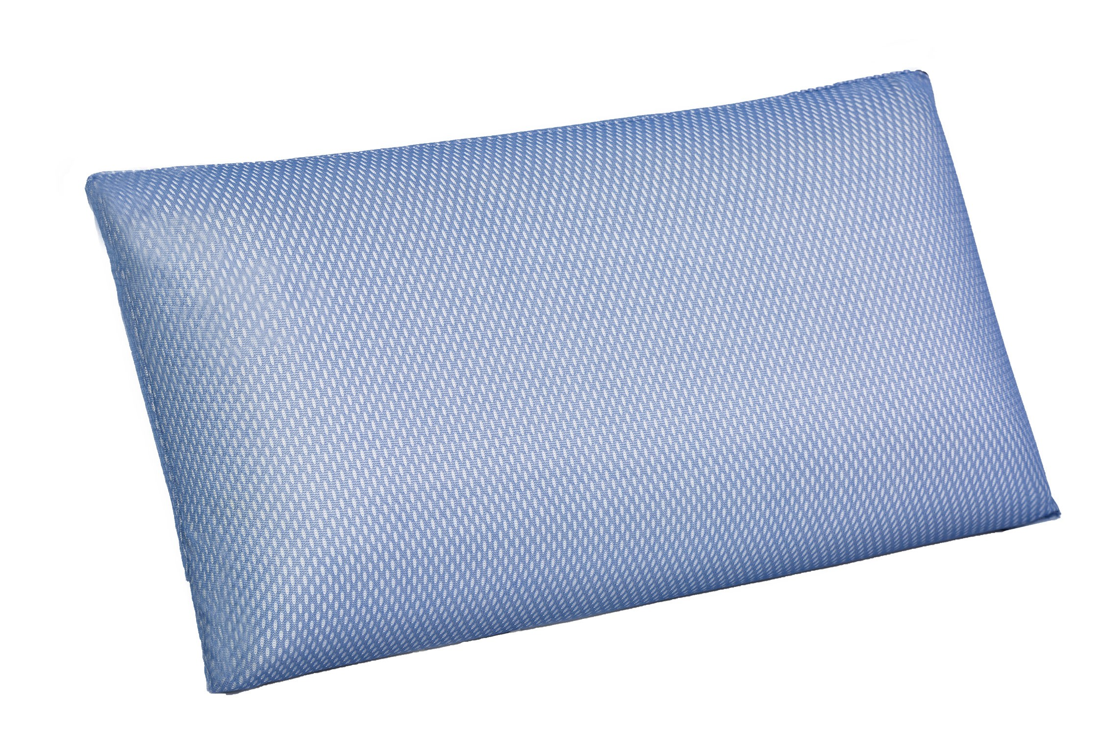 Una almohada rectangular con un patrón texturizado azul y blanco sobre un fondo blanco. La almohada está en ángulo hacia la derecha.