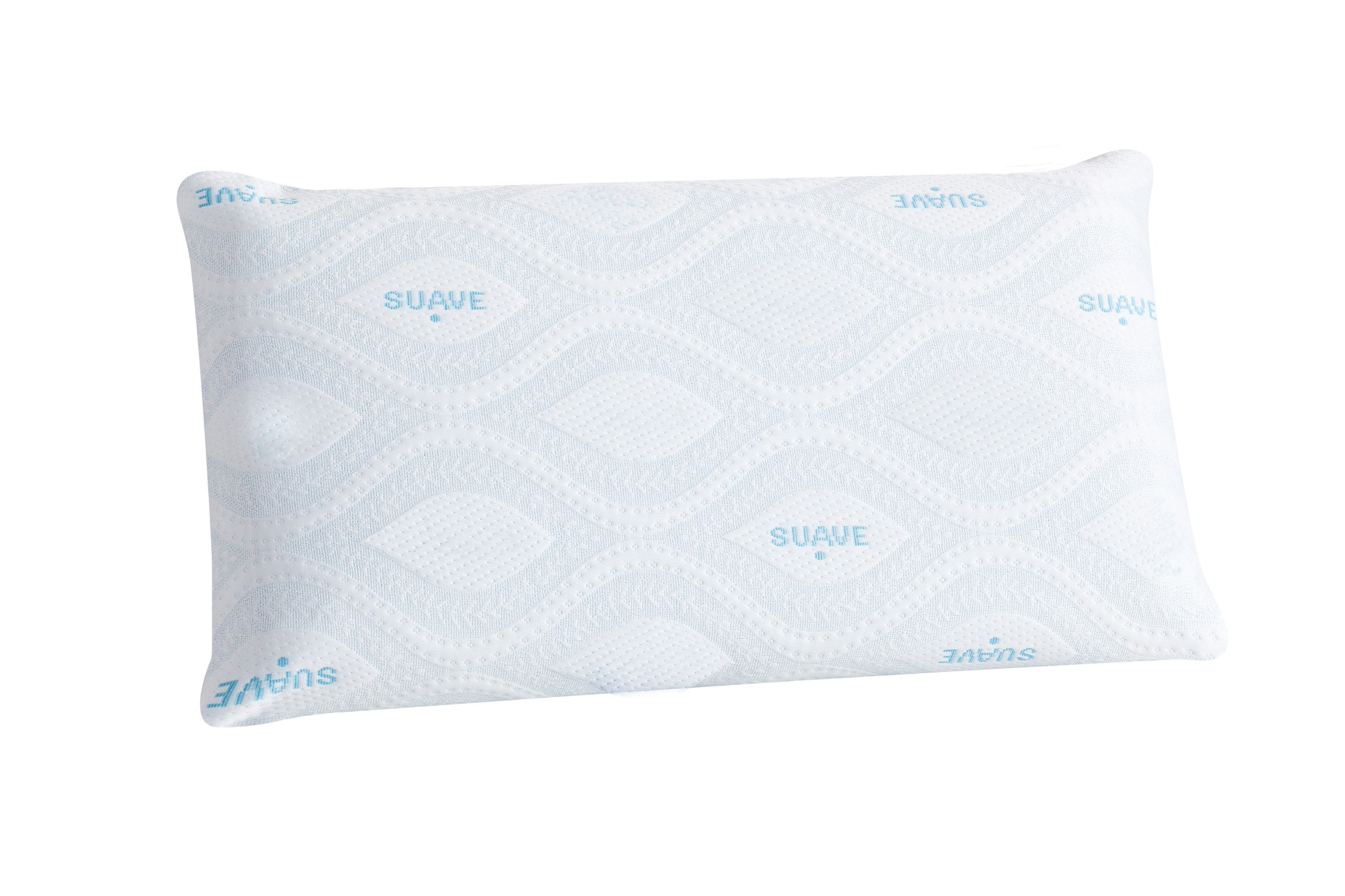 Una almohada blanca con diseño azul y la palabra 'SUAVE' repetida. El fondo es blanco.