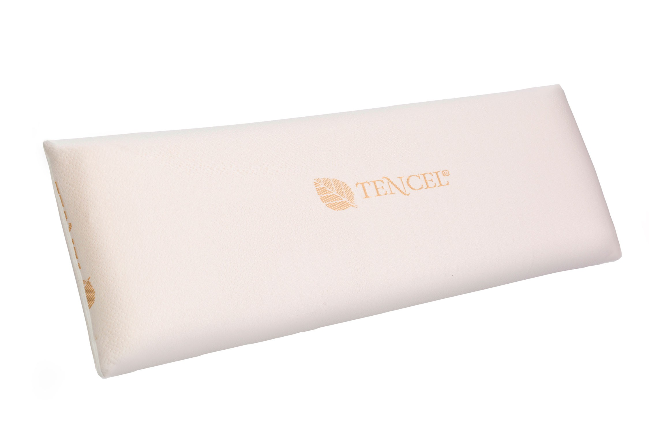 Una almohada rectangular crema sobre un fondo blanco. La almohada tiene un logotipo que dice TENCEL.
