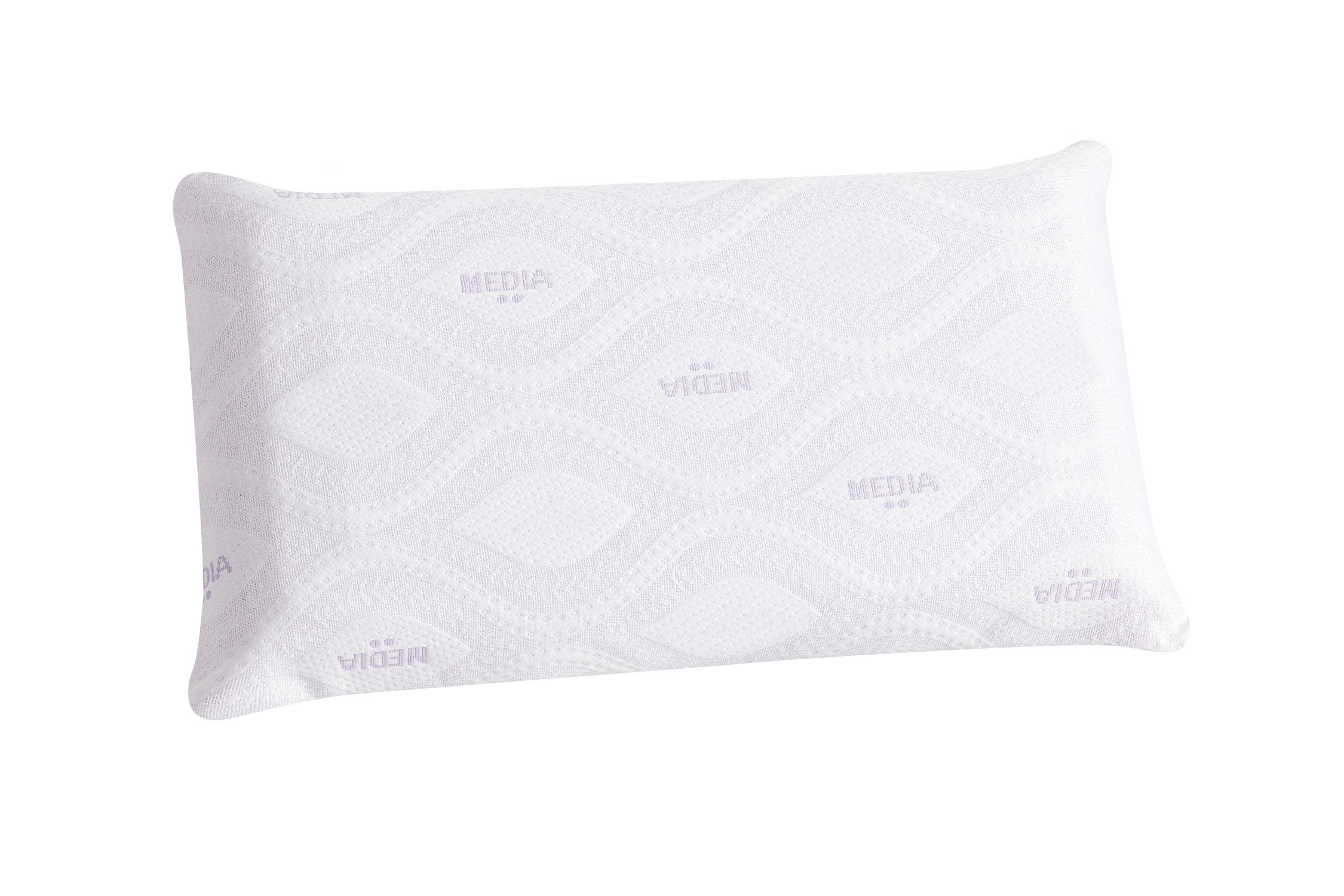 Una almohada rectangular blanca con superficie texturizada, con la palabra "MEDIA" impresa en un patrón repetitivo.