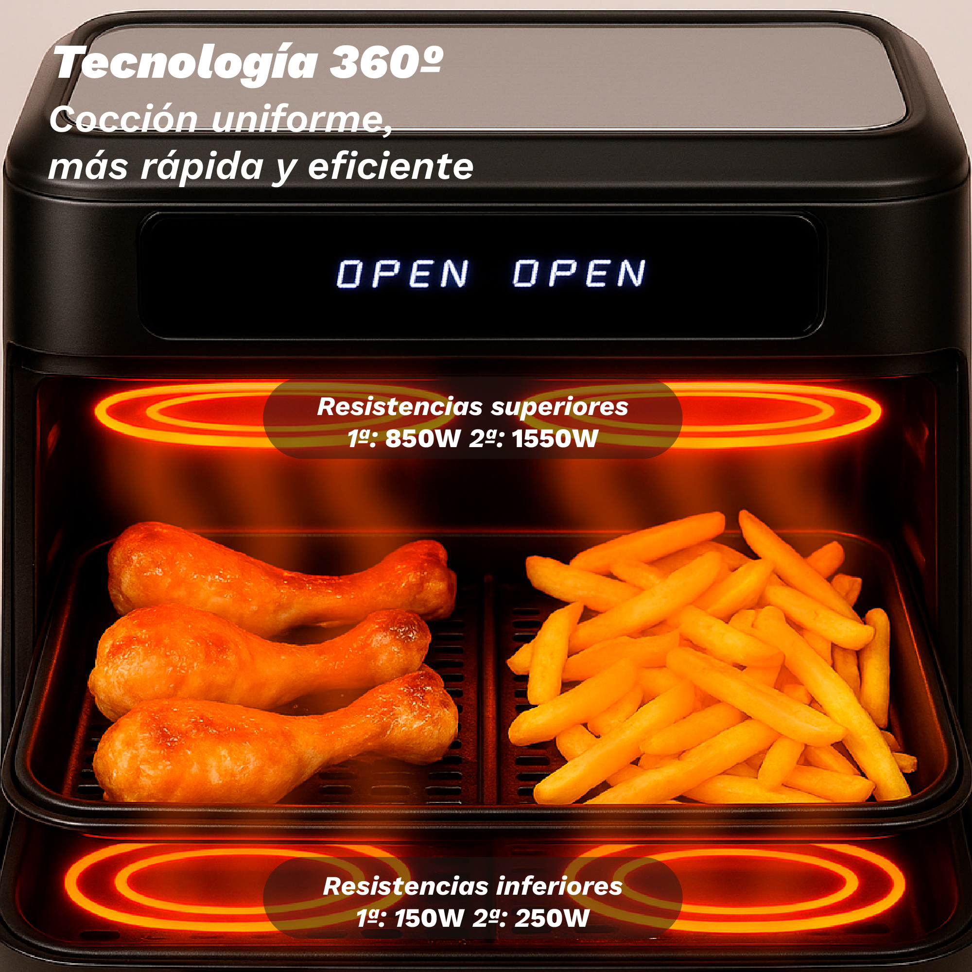 Una friggitrice ad aria con cosce di pollo e patatine fritte. La friggitrice ha elementi riscaldanti e un pannello di controllo.