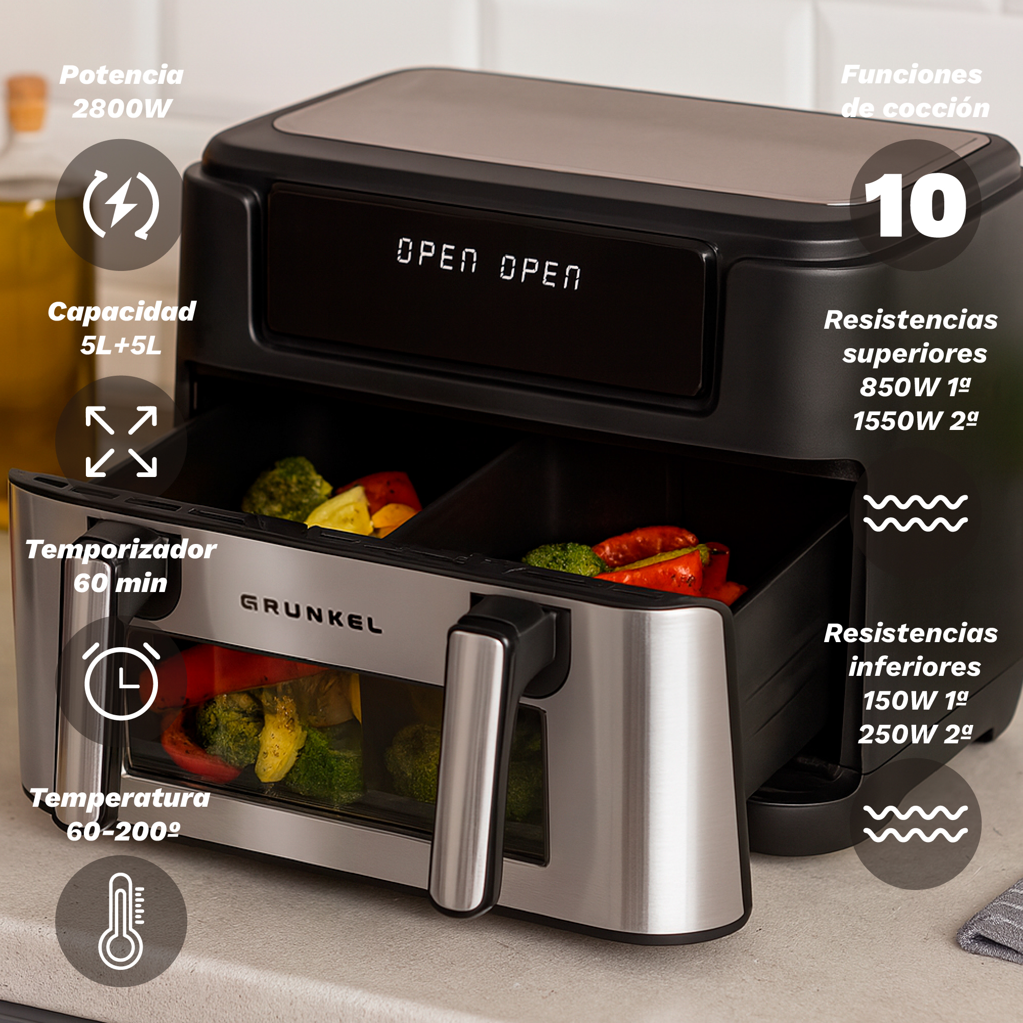 Una friggitrice ad aria con verdure. Testo che indica potenza, capacità, funzioni, timer e temperatura.